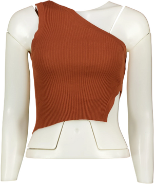 ZARA Asymmetric Cut-out Ribbed Knit Crop Top Brown UK S