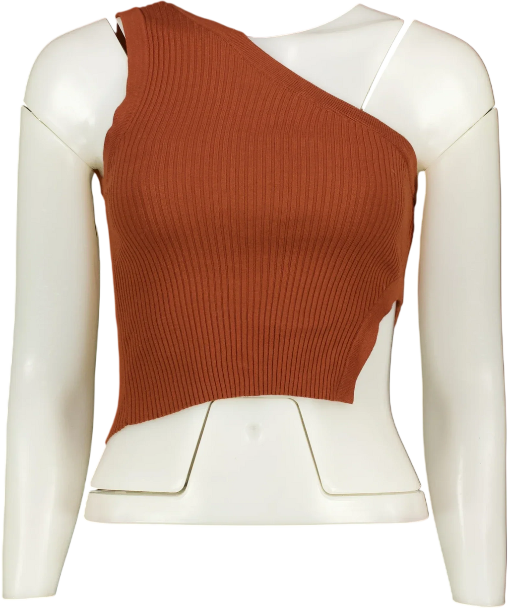 ZARA Brown Asymmetric Cut-Out Ribbed Knit Crop Top Brown, size UK S — front