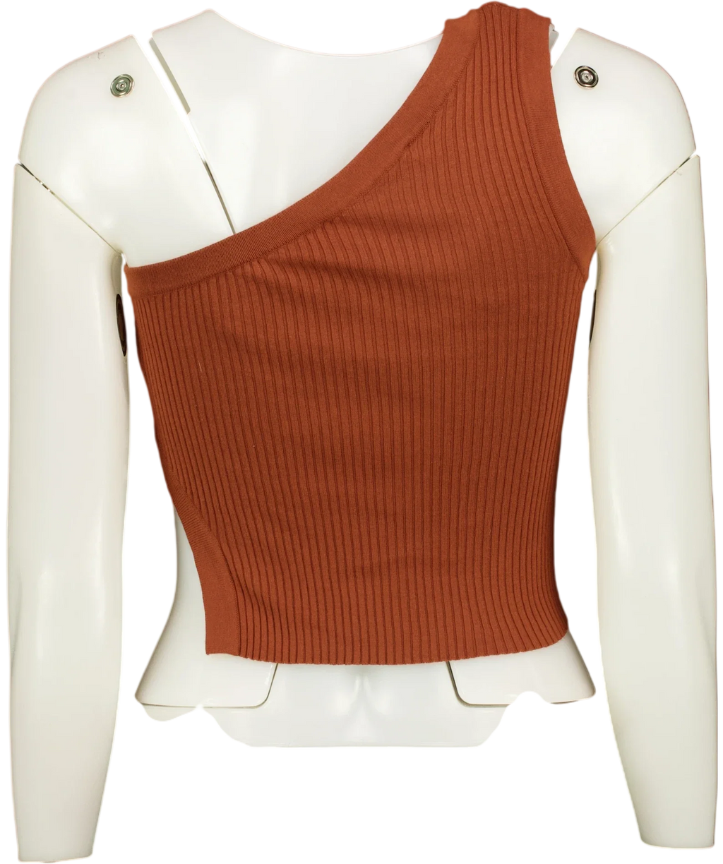 ZARA Brown Asymmetric Cut-Out Ribbed Knit Crop Top Brown, size UK S — back
