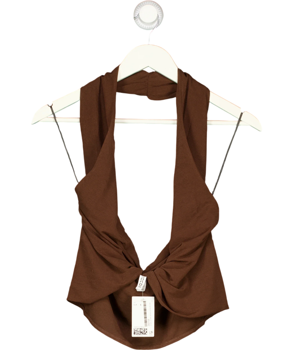 H&M Brown Twist-Detail Halterneck Jersey Top Dark Brown, size UK S — front