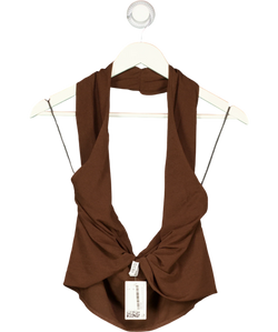 H&M Brown Twist-Detail Halterneck Jersey Top Dark Brown, size UK S — front