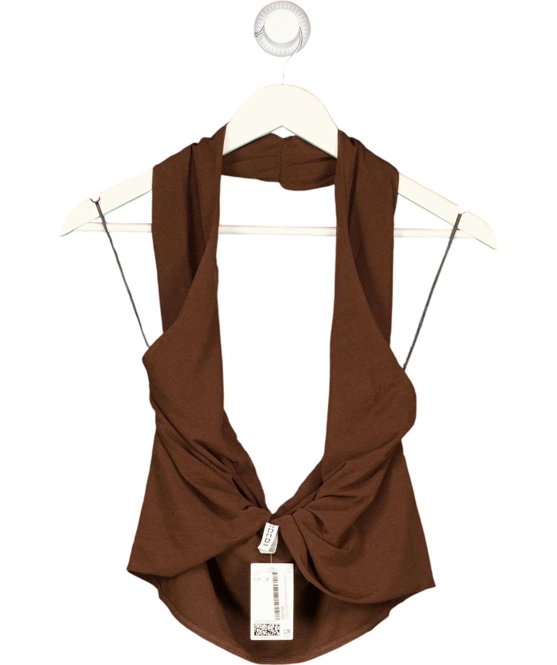 H&M Brown Twist-Detail Halterneck Jersey Top Dark Brown, size UK S — front