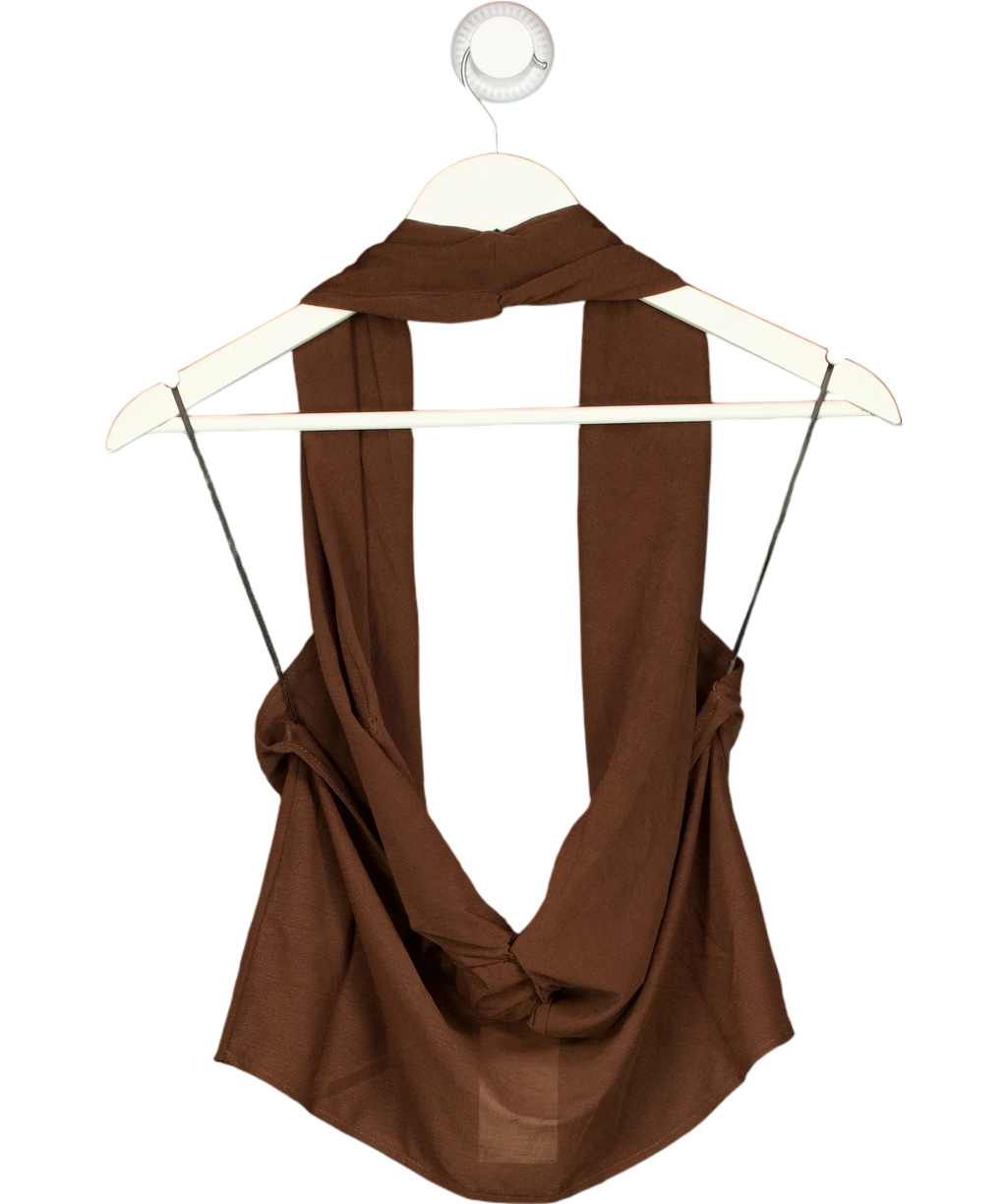 H&M Brown Twist-Detail Halterneck Jersey Top Dark Brown, size UK S — back