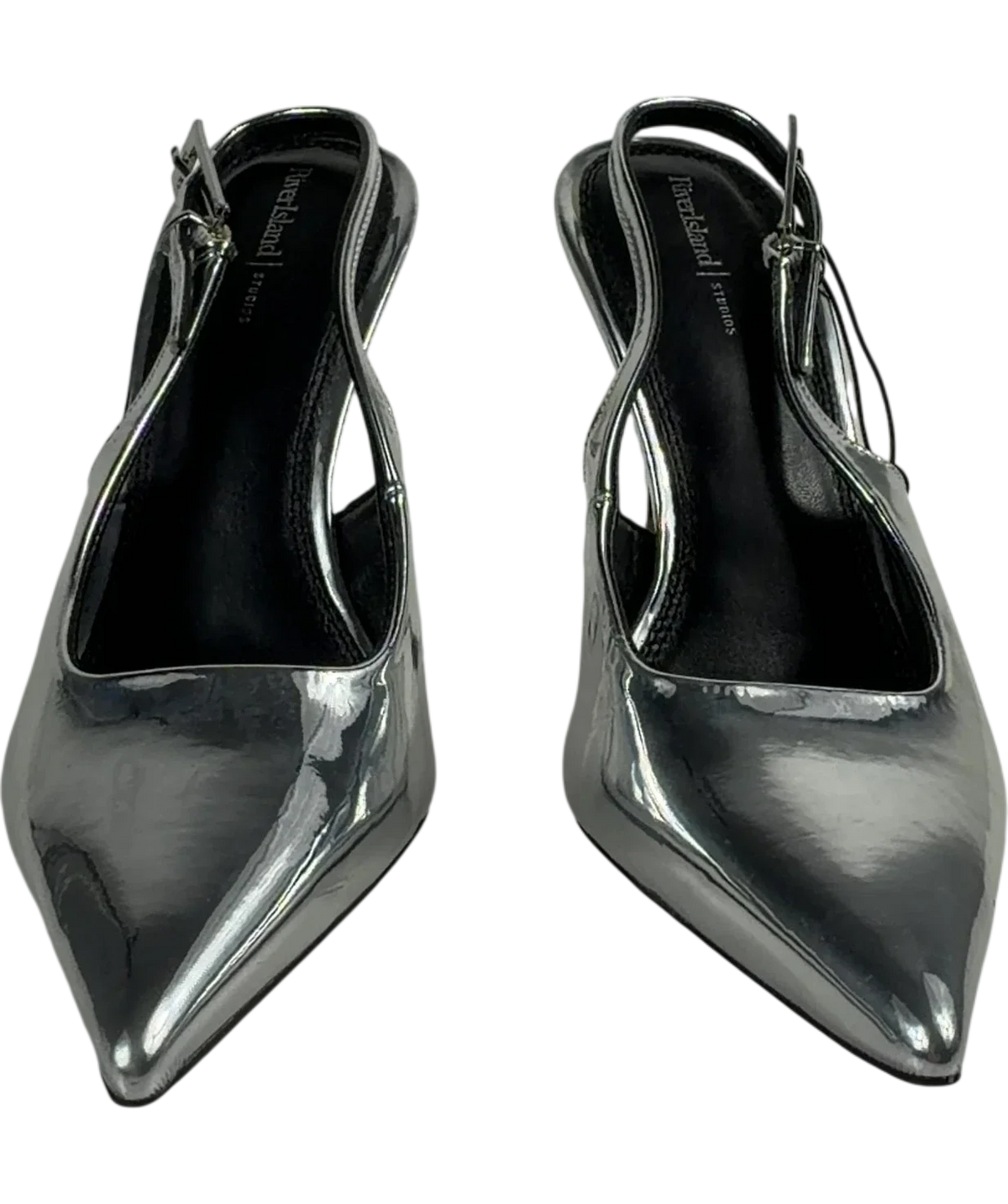 River Island Sling Back Heels Metallic Silver UK 5 EU 38 — Front (both, face on)