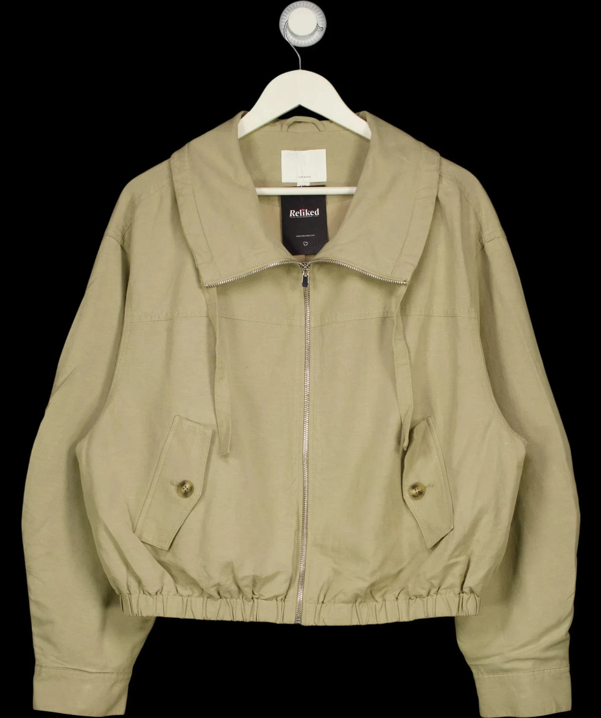 H&M Beige Linen-Blend Drawstring Funnel Neck Jacket, size UK M — detail