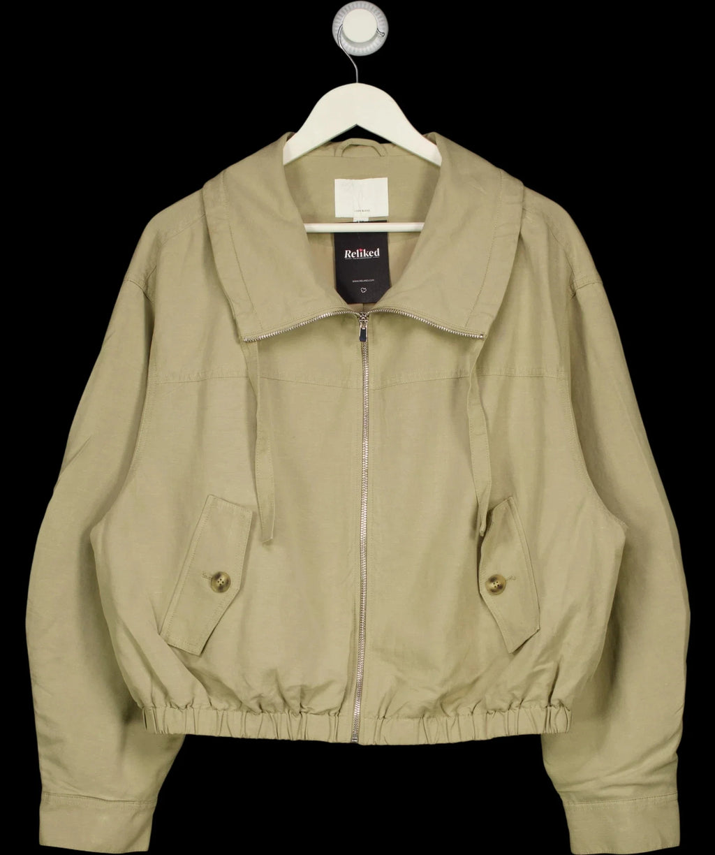 H&M Beige Linen-Blend Drawstring Funnel Neck Jacket, size UK M — detail