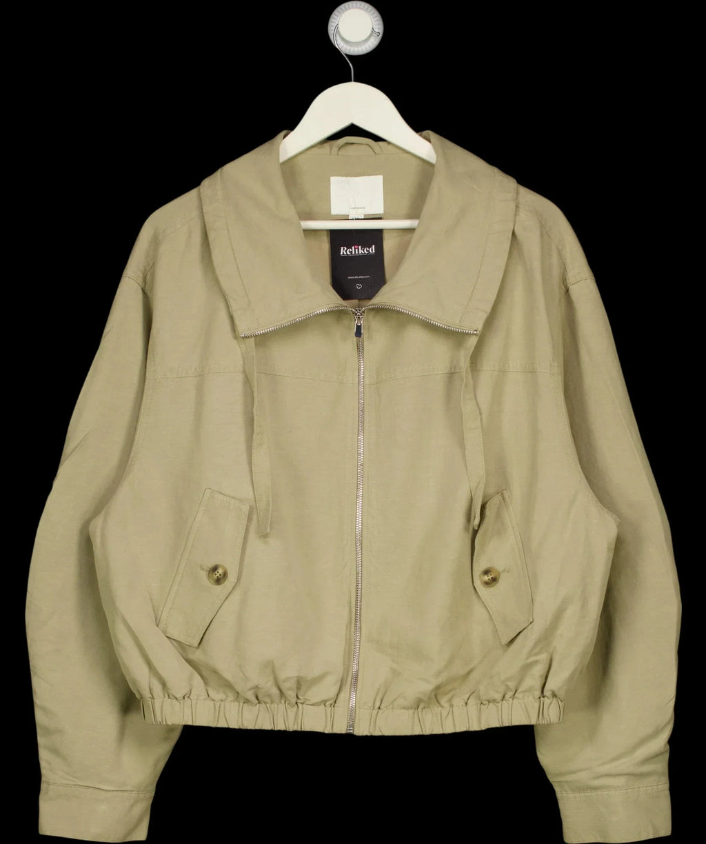 H&M Beige Linen-Blend Drawstring Funnel Neck Jacket, size UK M — label
