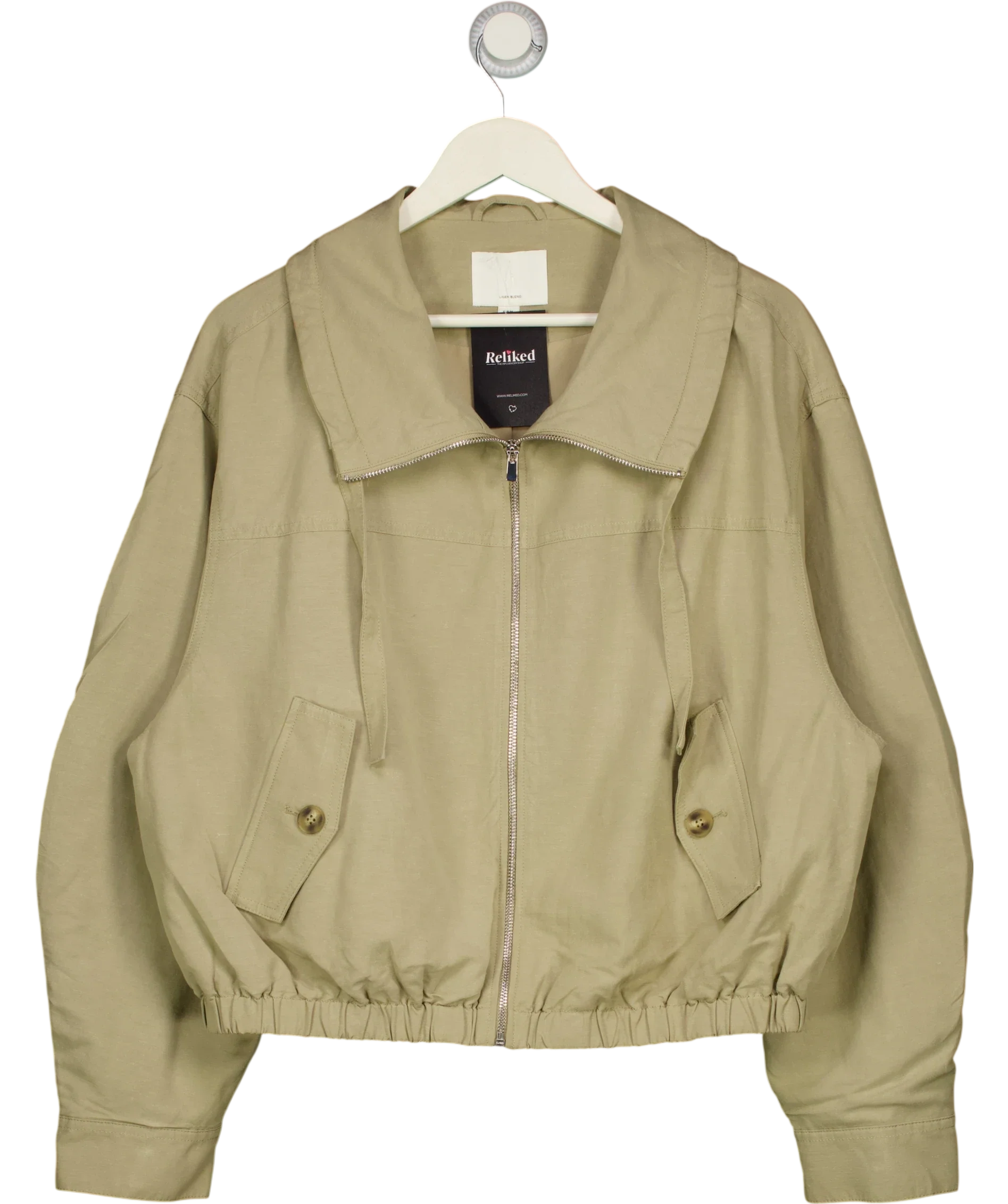 H&M Beige Linen-Blend Drawstring Funnel Neck Jacket, size UK M — front