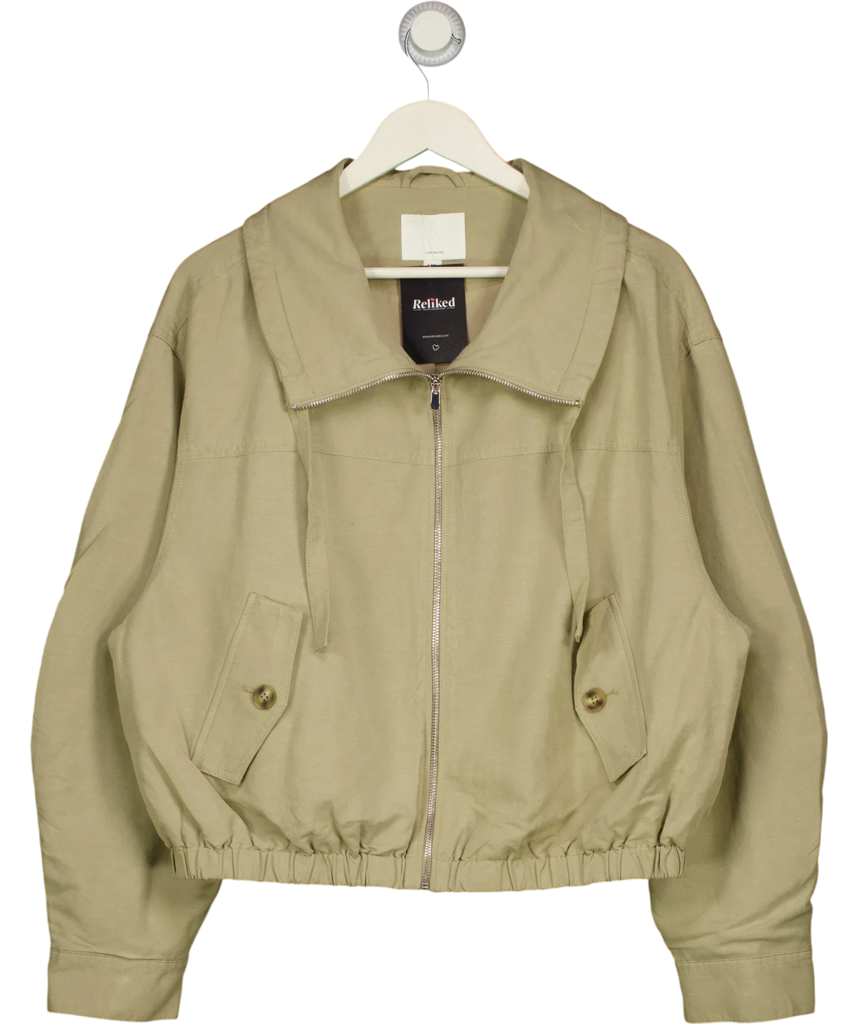 H&M Beige Linen-Blend Drawstring Funnel Neck Jacket, size UK M — front