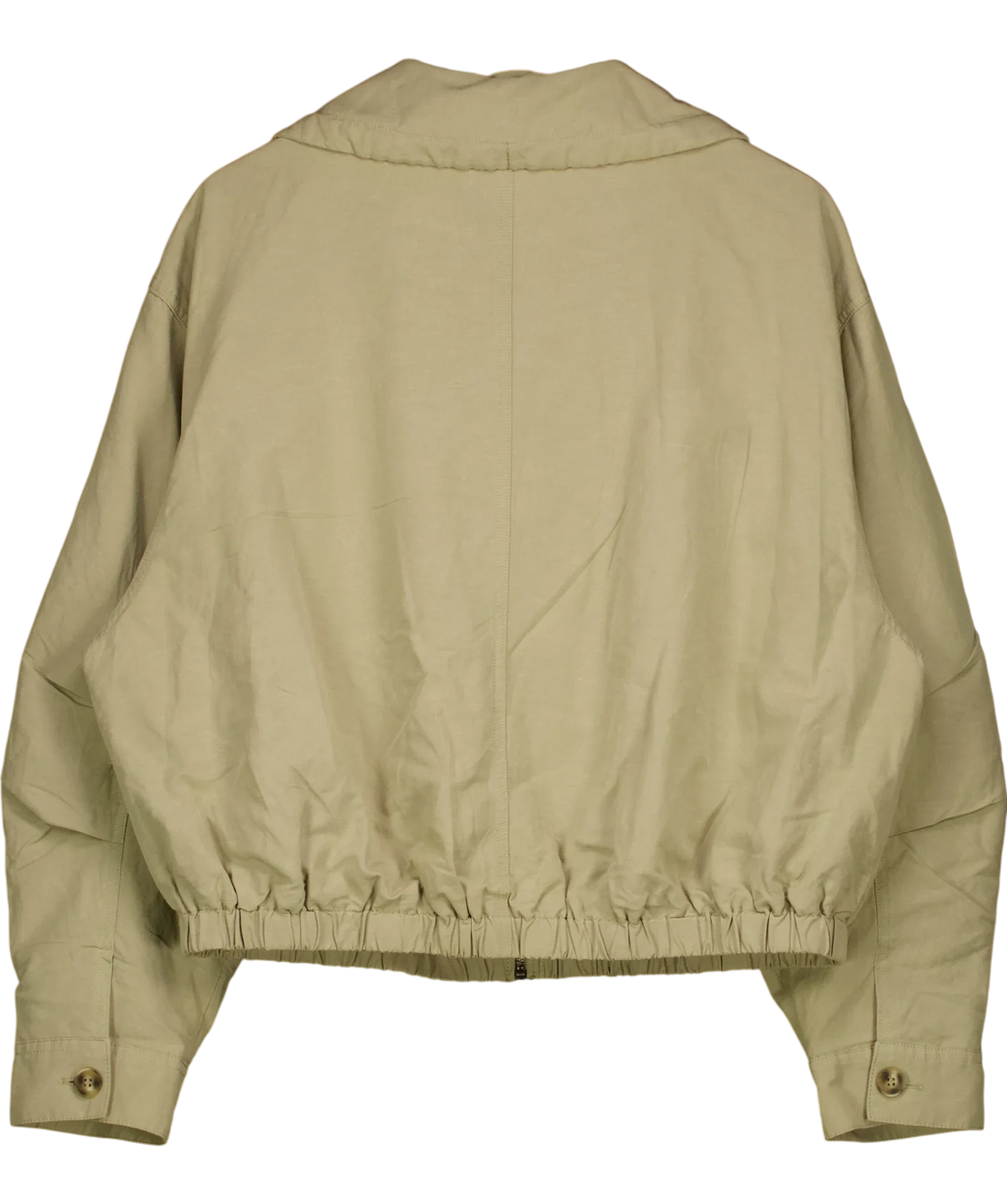 H&M Beige Linen-Blend Drawstring Funnel Neck Jacket, size UK M — back