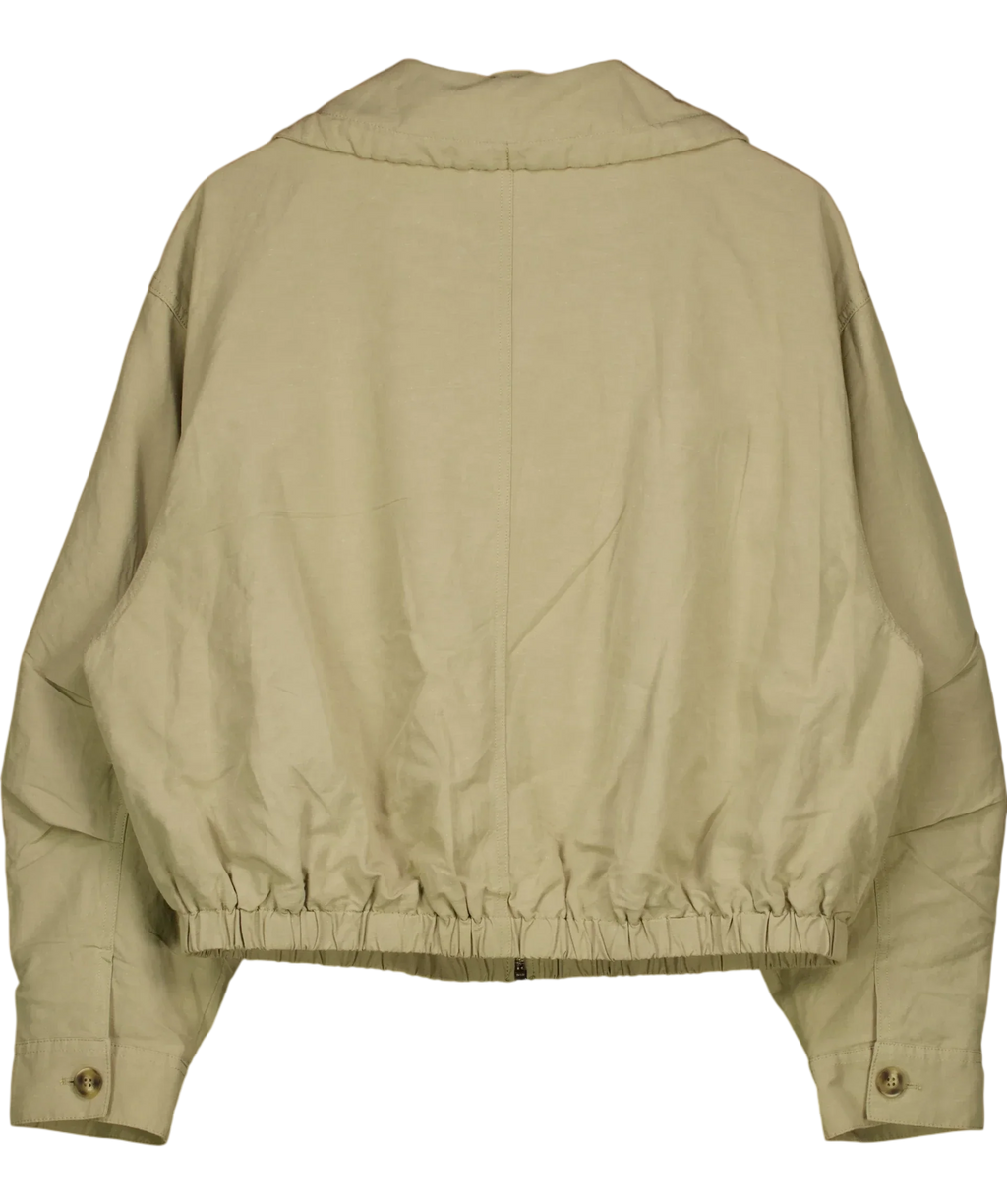 H&M Beige Linen-Blend Drawstring Funnel Neck Jacket, size UK M — back