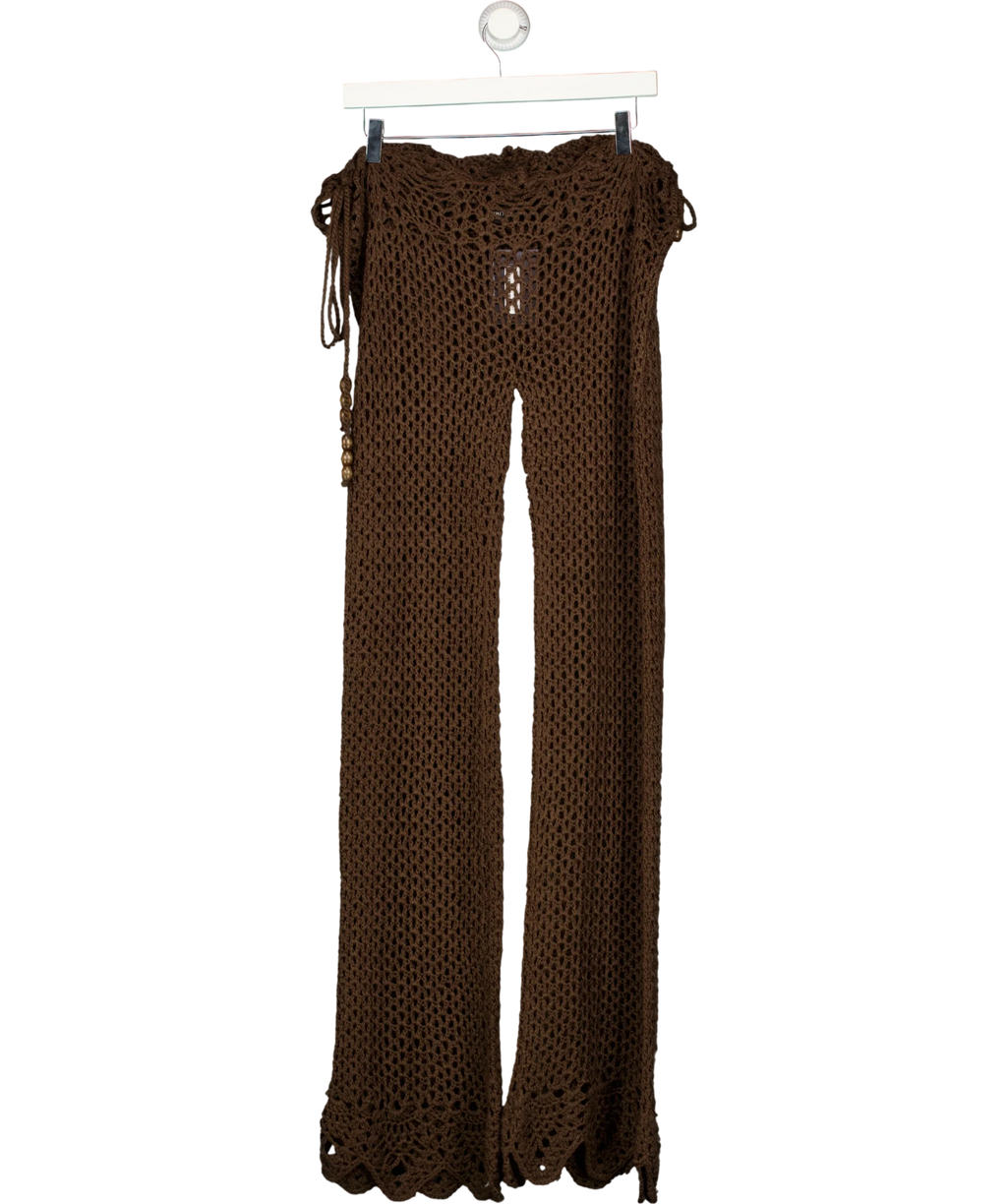 WHITE FOX Brown Palm Kissed Crochet Pants Chocolate BROWN, size UK XS — front