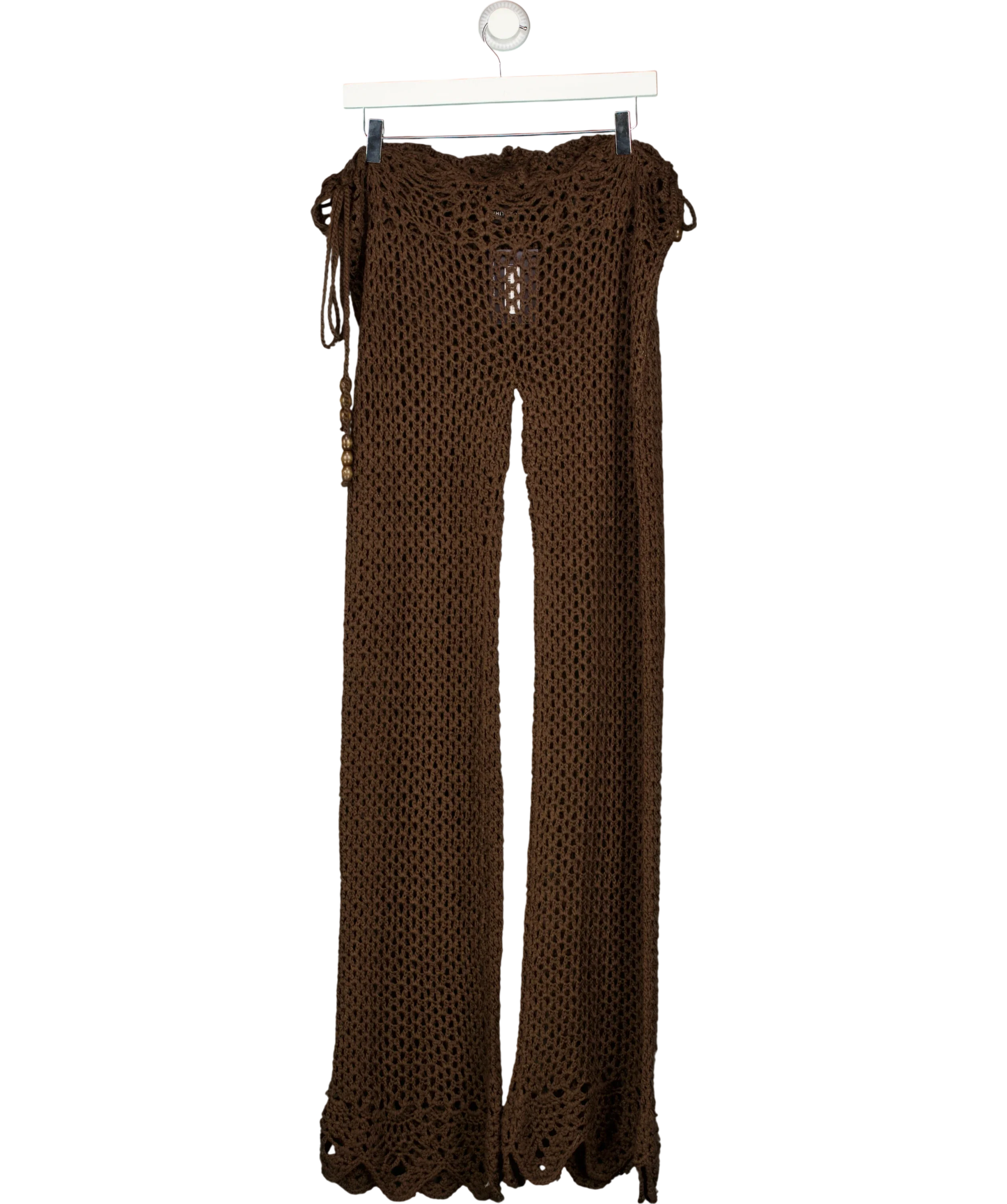 WHITE FOX Brown Palm Kissed Crochet Pants Chocolate BROWN, size UK XS — front