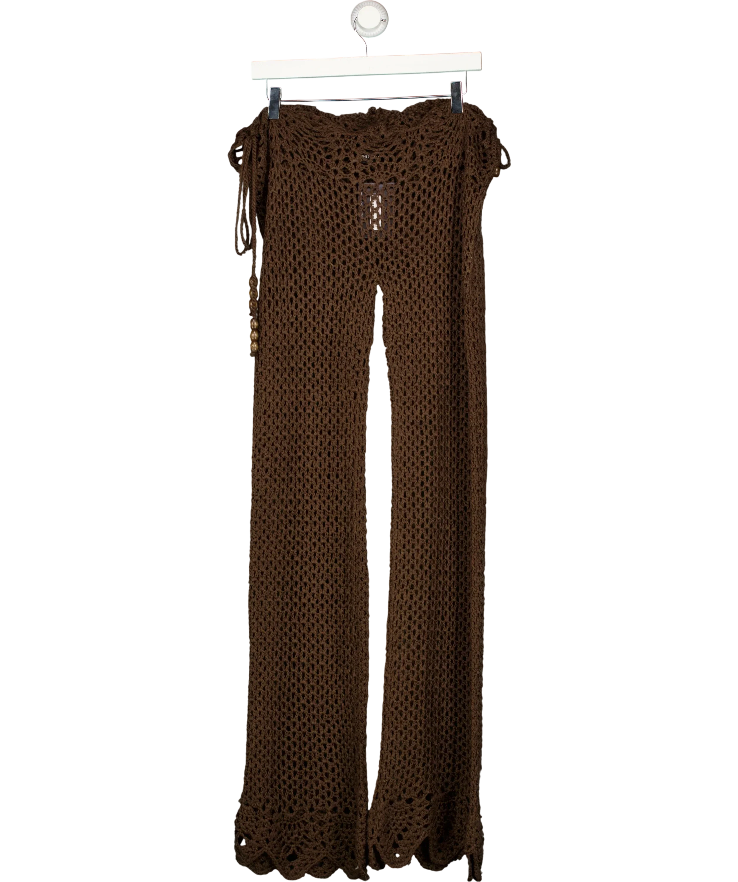 WHITE FOX Brown Palm Kissed Crochet Pants Chocolate BROWN, size UK XS — front