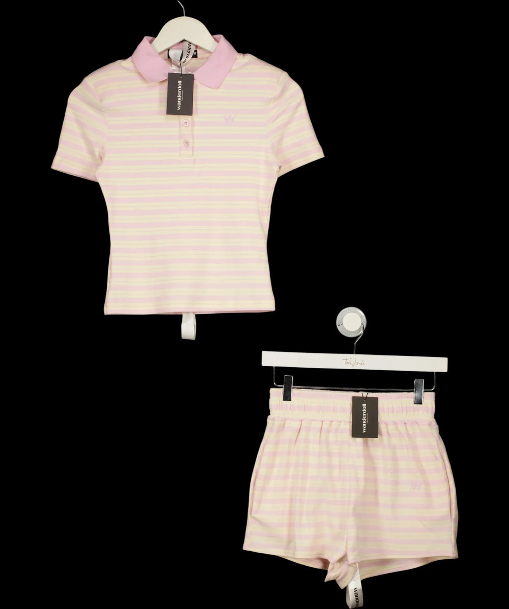 WANDERDOLL Pink l Frankie Short Sleeve Polo Top and Shorts Set Pink & Lemon, size UK XS — detail