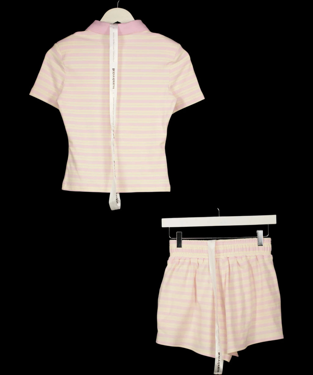 WANDERDOLL Pink l Frankie Short Sleeve Polo Top and Shorts Set Pink & Lemon, size UK XS — label