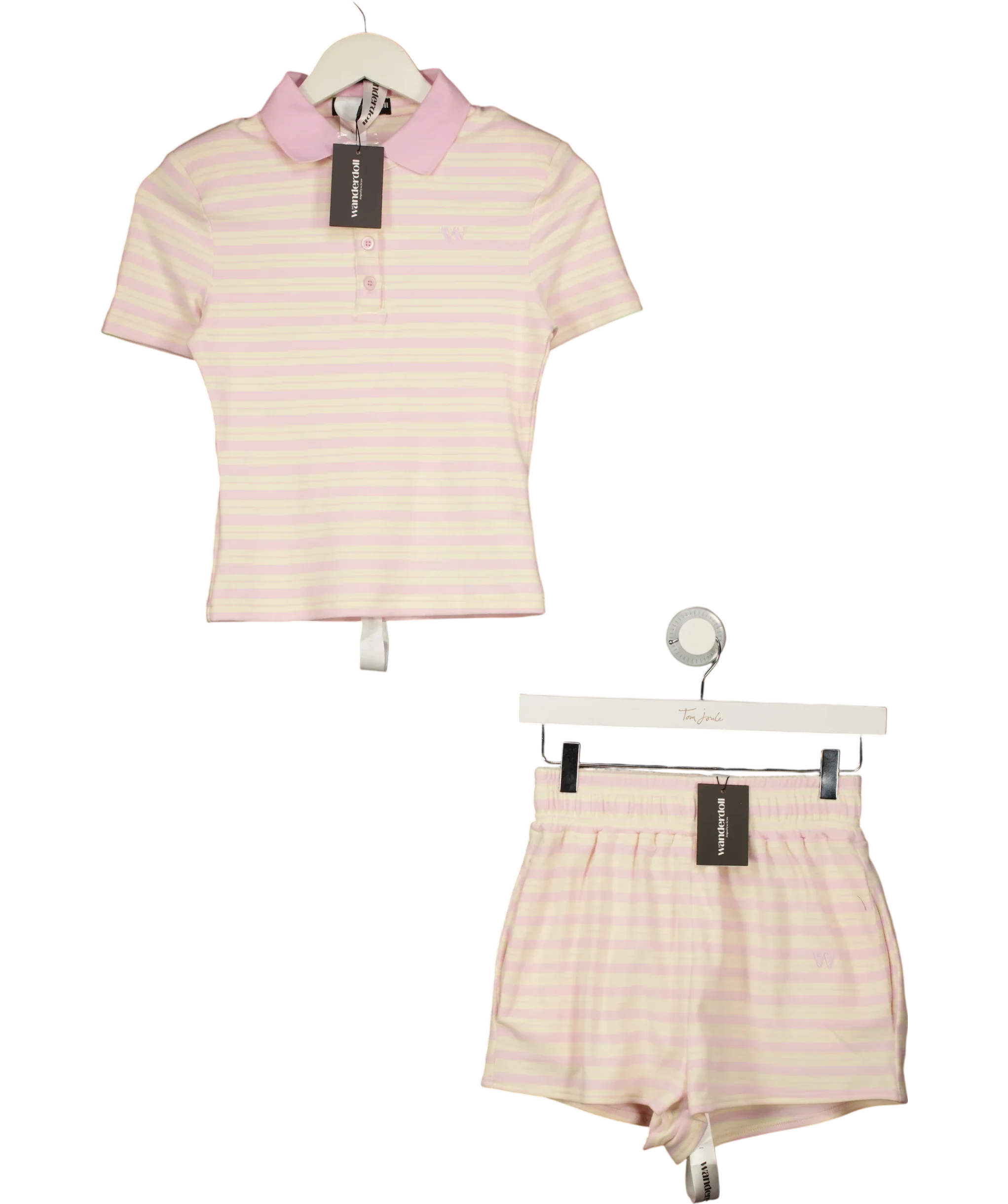 WANDERDOLL Pink l Frankie Short Sleeve Polo Top and Shorts Set Pink & Lemon, size UK XS — front