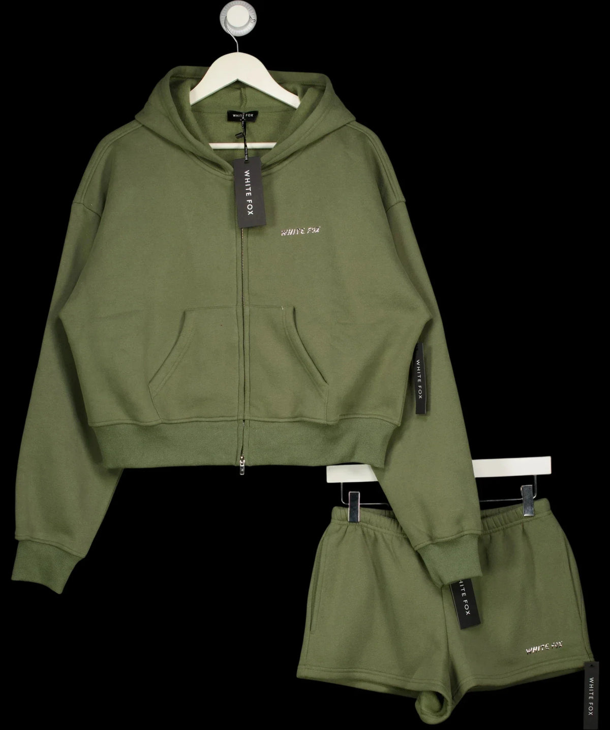 WHITE FOX Green From The Archives Lexi Cropped Zip Hoodie & Shorts Set Khaki  green, size UK S/M — detail