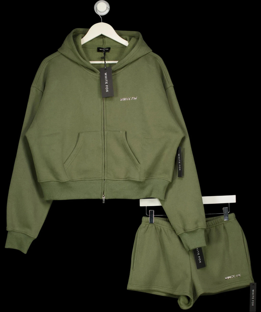 WHITE FOX Green From The Archives Lexi Cropped Zip Hoodie & Shorts Set Khaki  green, size UK S/M — detail