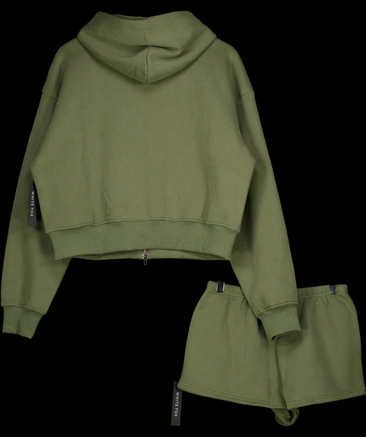 WHITE FOX Green From The Archives Lexi Cropped Zip Hoodie & Shorts Set Khaki  green, size UK S/M — label