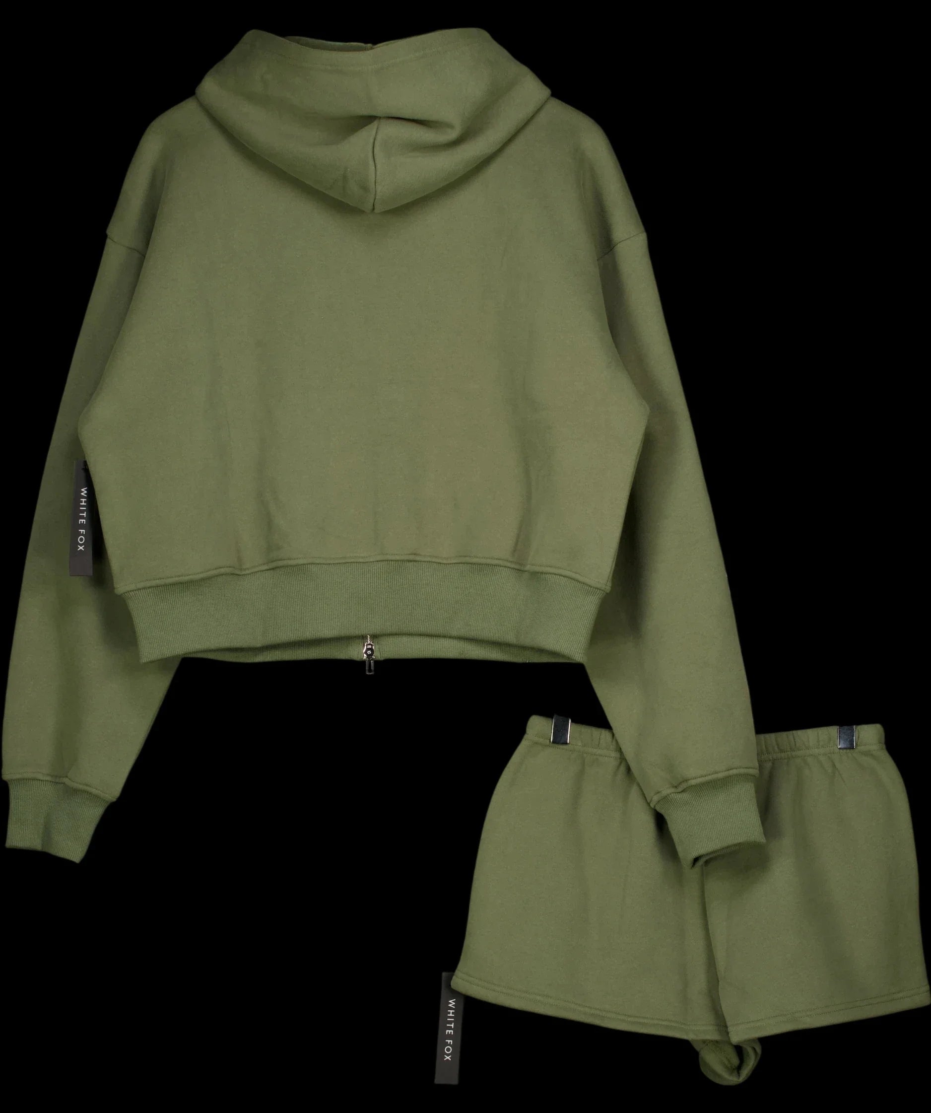 WHITE FOX Green From The Archives Lexi Cropped Zip Hoodie & Shorts Set Khaki  green, size UK S/M — label