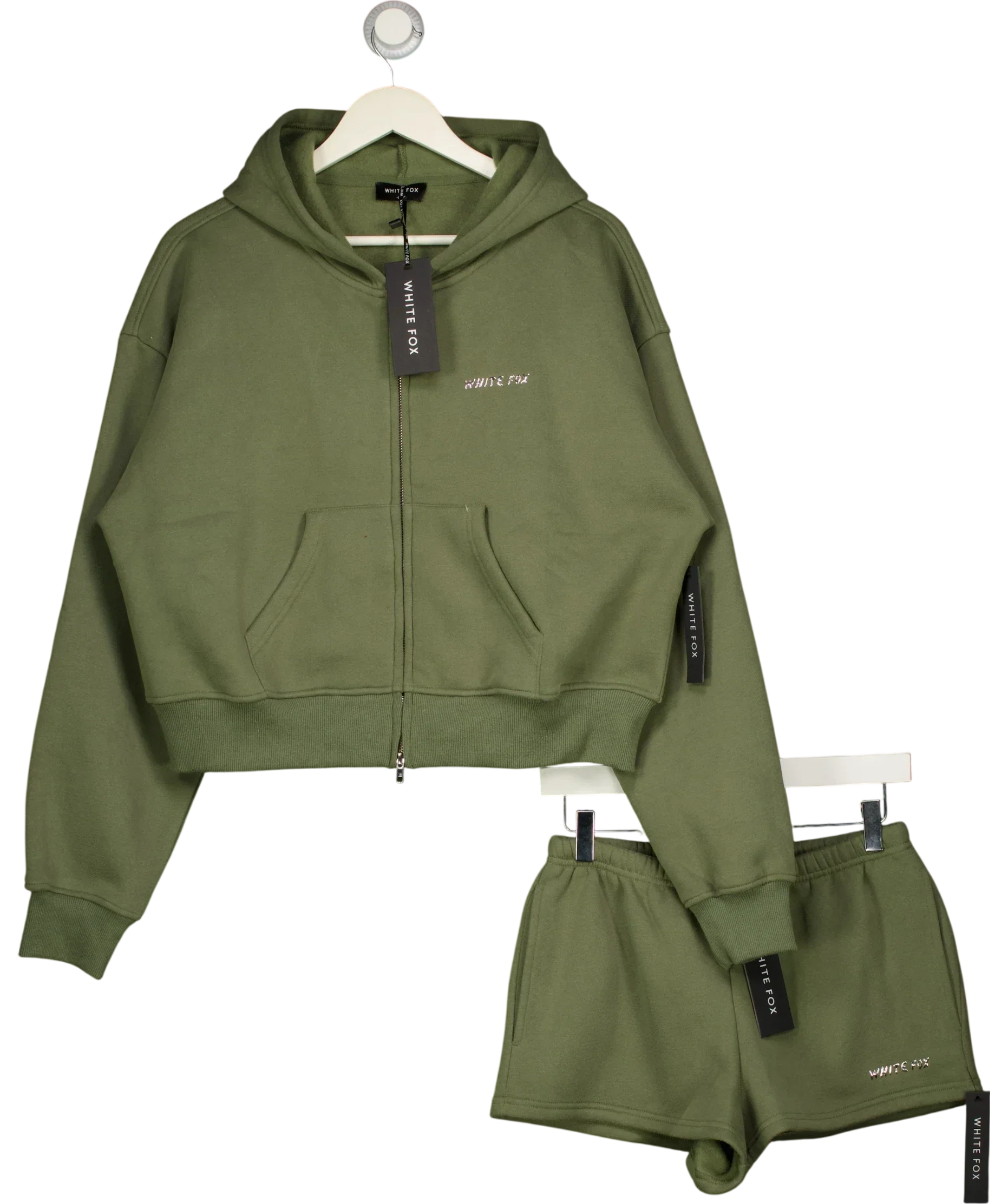 WHITE FOX Green From The Archives Lexi Cropped Zip Hoodie & Shorts Set Khaki  green, size UK S/M — front