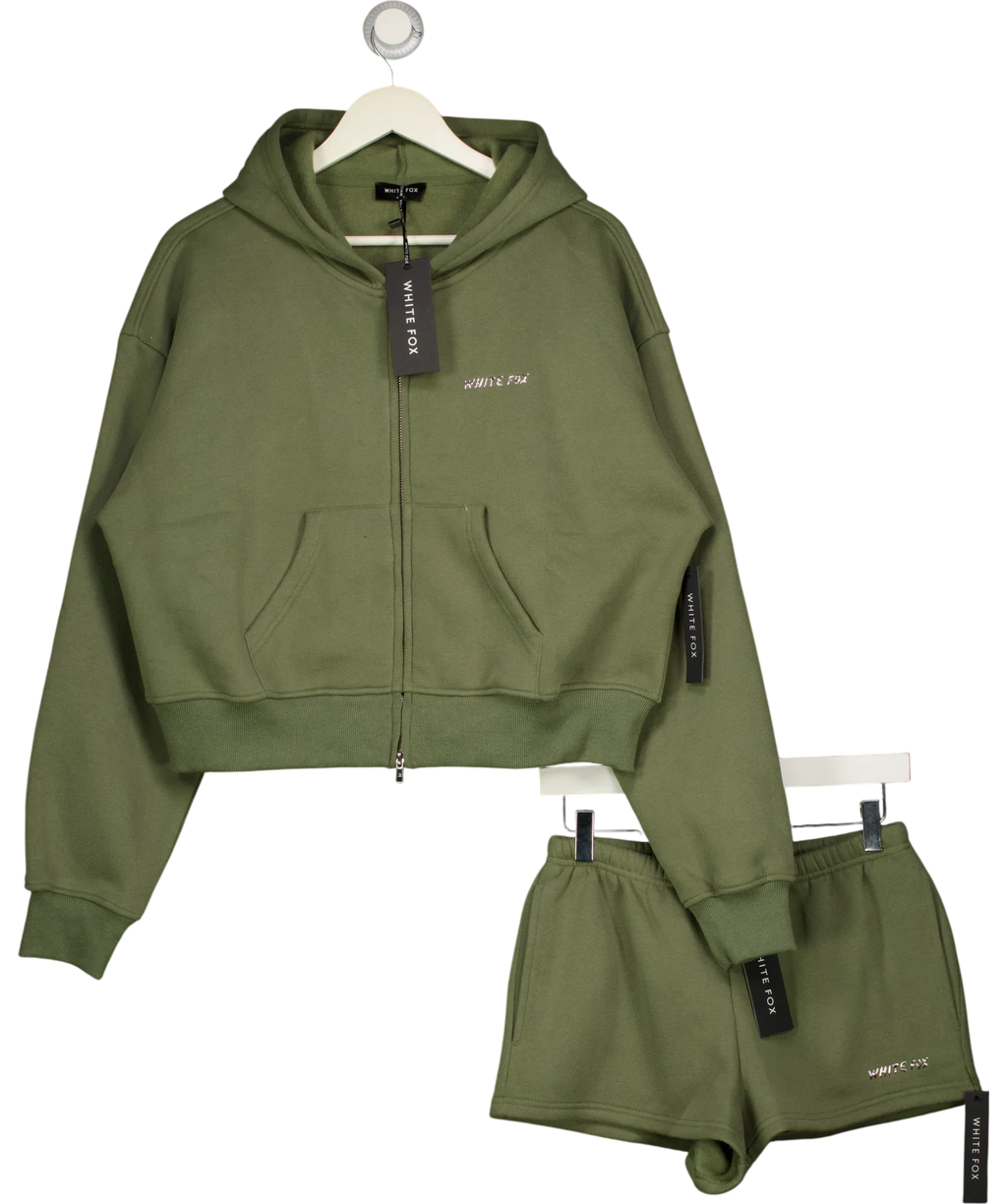 WHITE FOX Green From The Archives Lexi Cropped Zip Hoodie & Shorts Set Khaki  green, size UK S/M — front