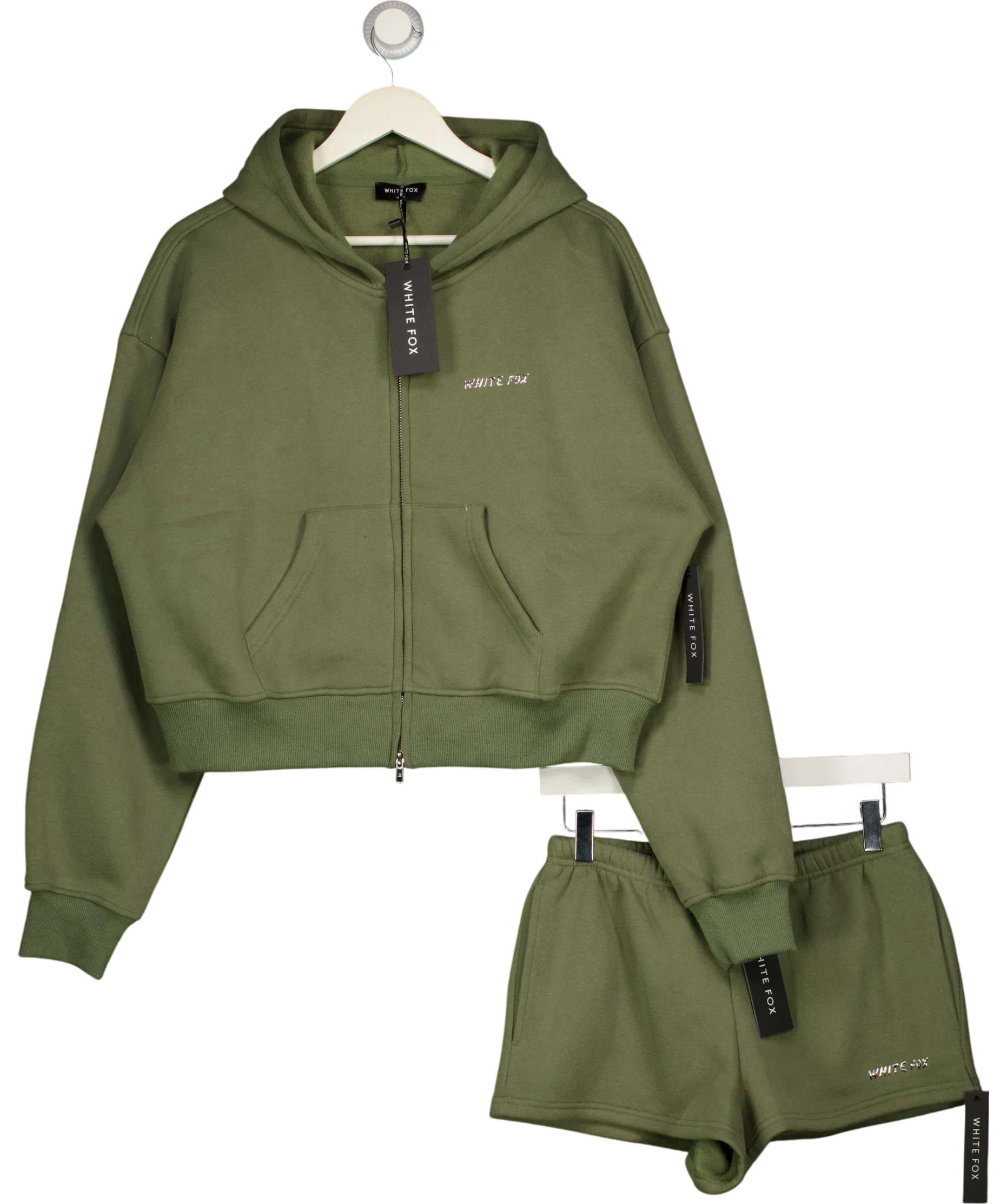 WHITE FOX Green From The Archives Lexi Cropped Zip Hoodie & Shorts Set Khaki  green, size UK S/M — front