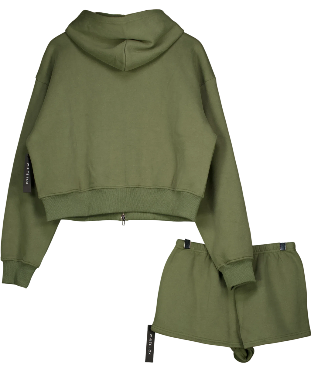 WHITE FOX Green From The Archives Lexi Cropped Zip Hoodie & Shorts Set Khaki  green, size UK S/M — back