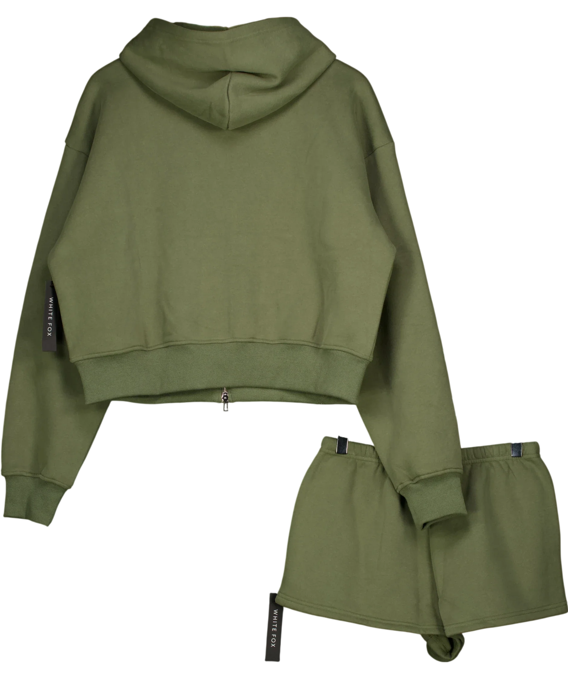 WHITE FOX Green From The Archives Lexi Cropped Zip Hoodie & Shorts Set Khaki  green, size UK S/M — back