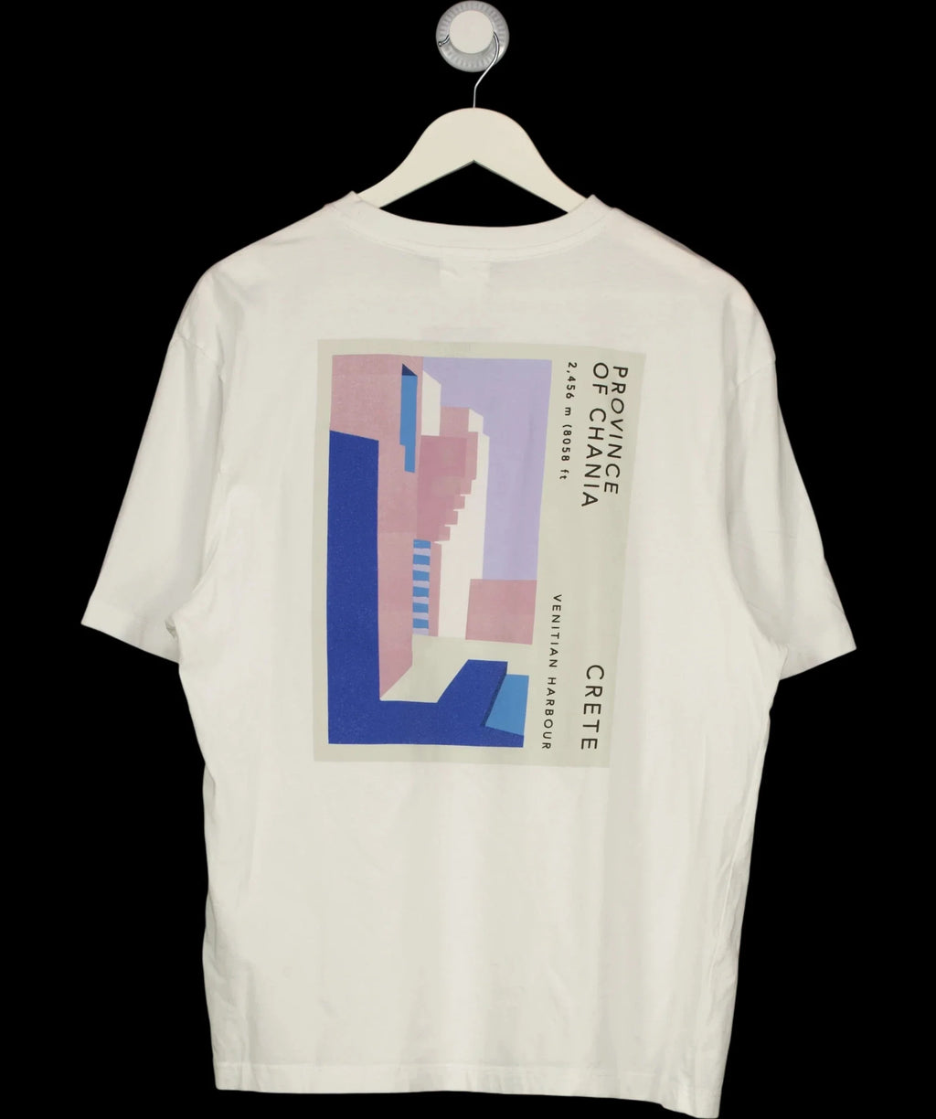 River Island White Province of Chania Crete Large Back Graphic T-Shirt White, size UK L — label