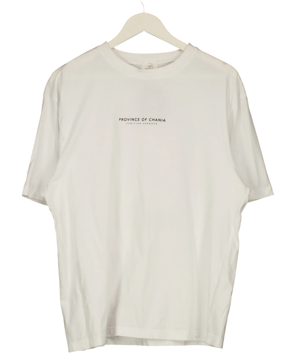 River Island White Province of Chania Crete Large Back Graphic T-Shirt White, size UK L — front