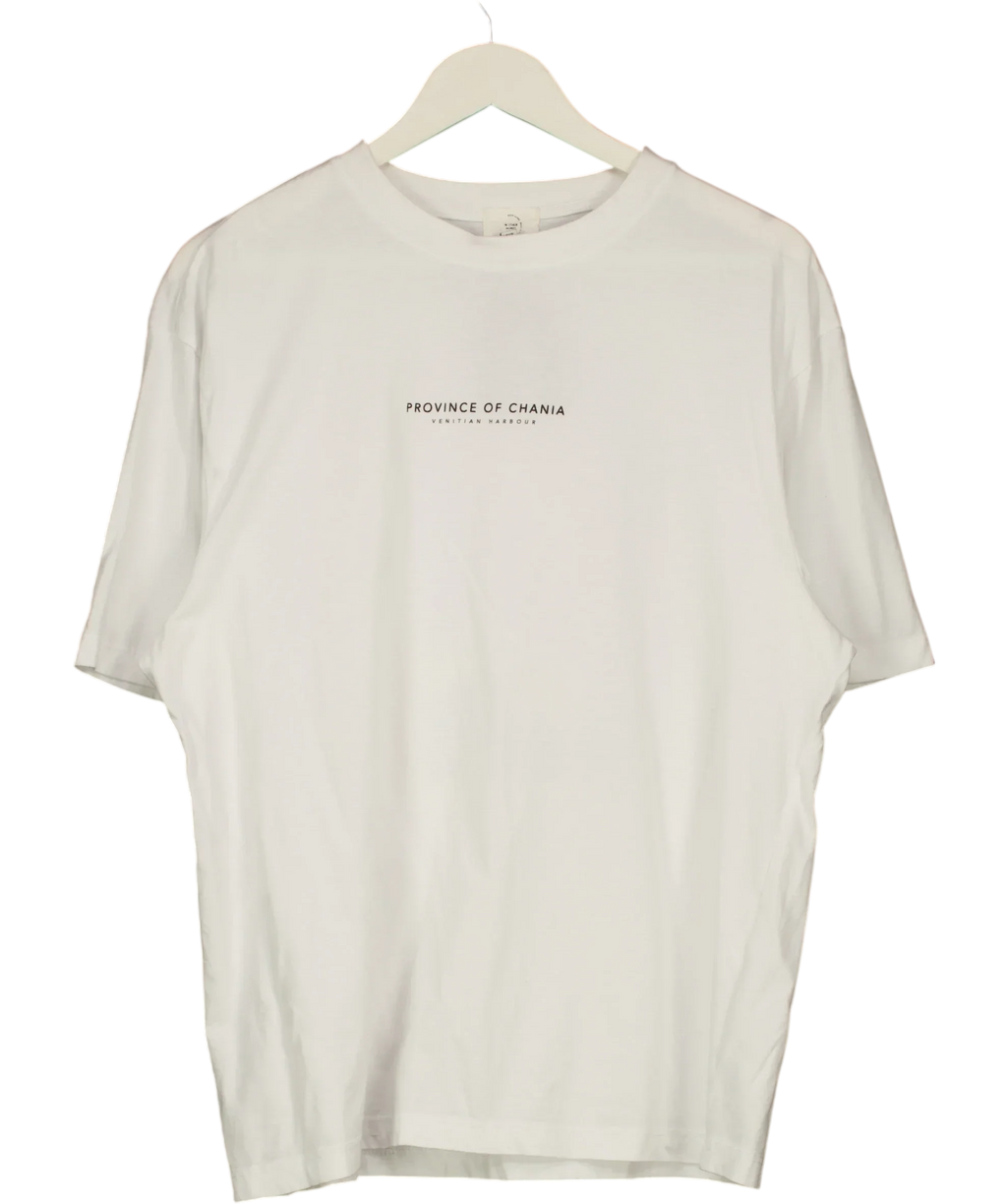 River Island White Province of Chania Crete Large Back Graphic T-Shirt White, size UK L — front