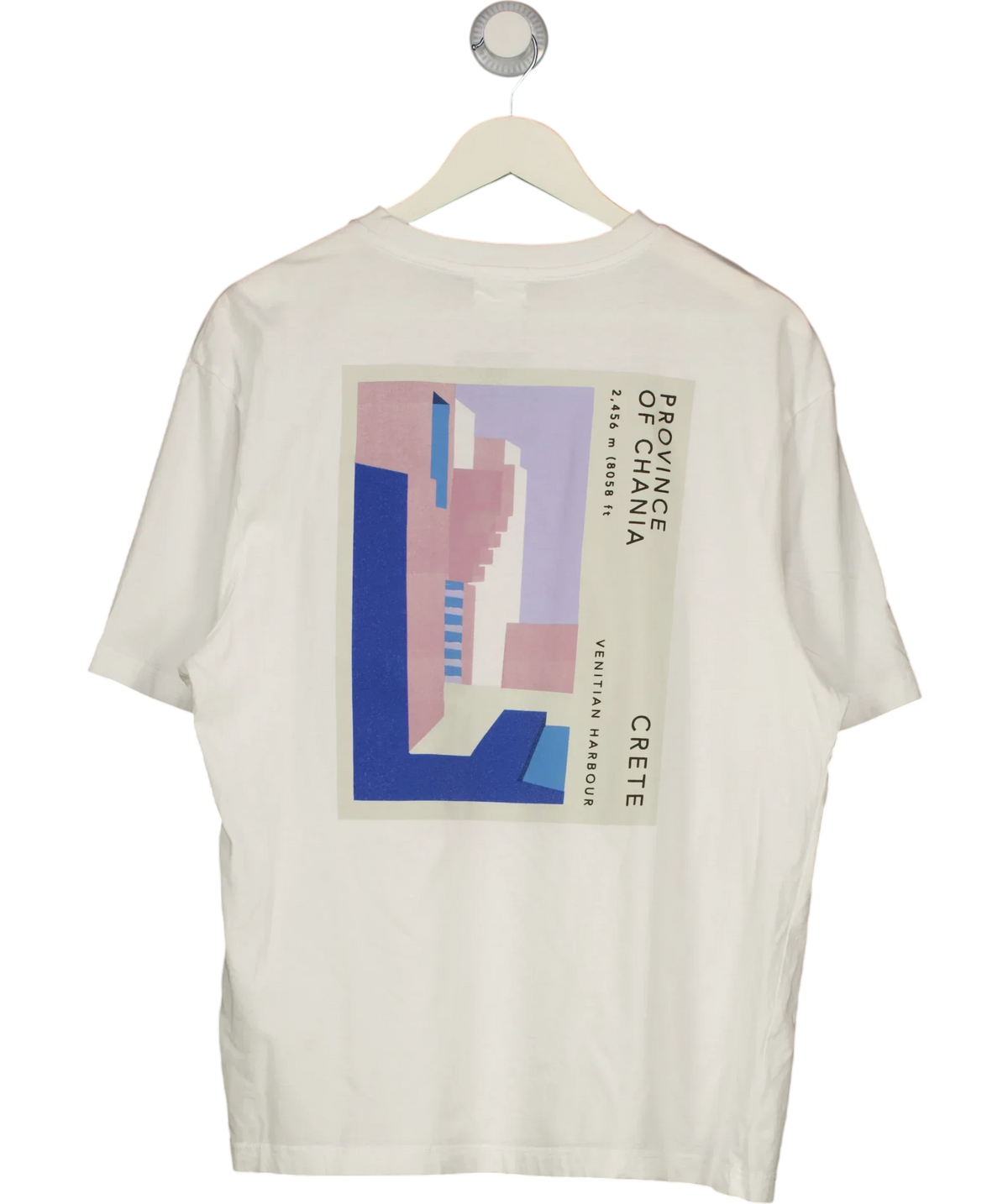 River Island White Province of Chania Crete Large Back Graphic T-Shirt White, size UK L — back