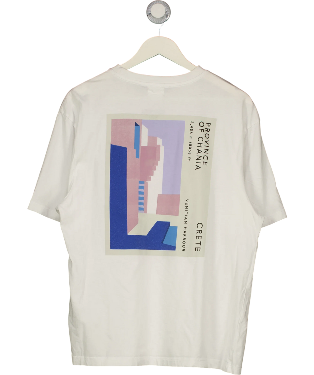 River Island White Province of Chania Crete Large Back Graphic T-Shirt White, size UK L — back