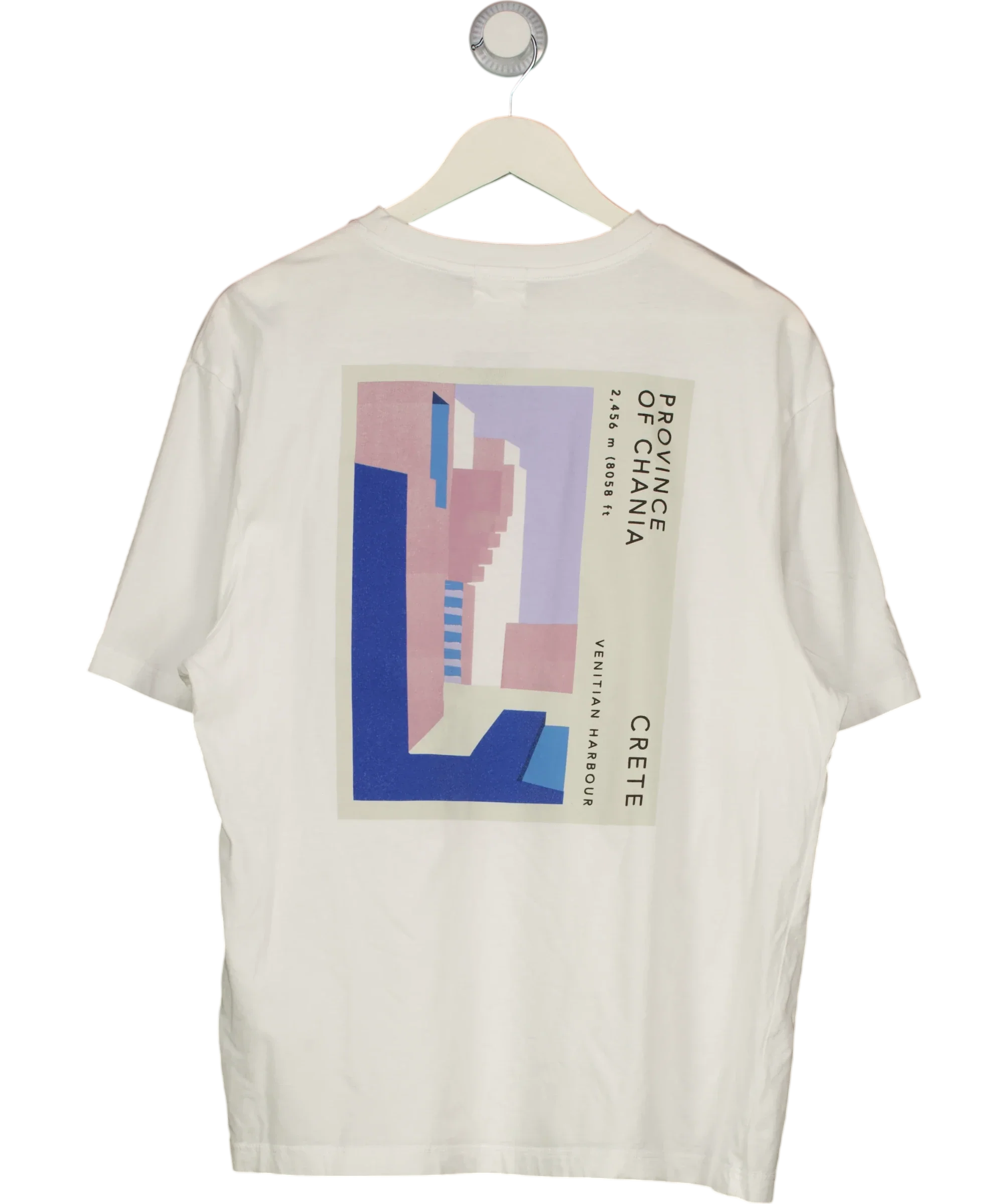 River Island White Province of Chania Crete Large Back Graphic T-Shirt White, size UK L — back
