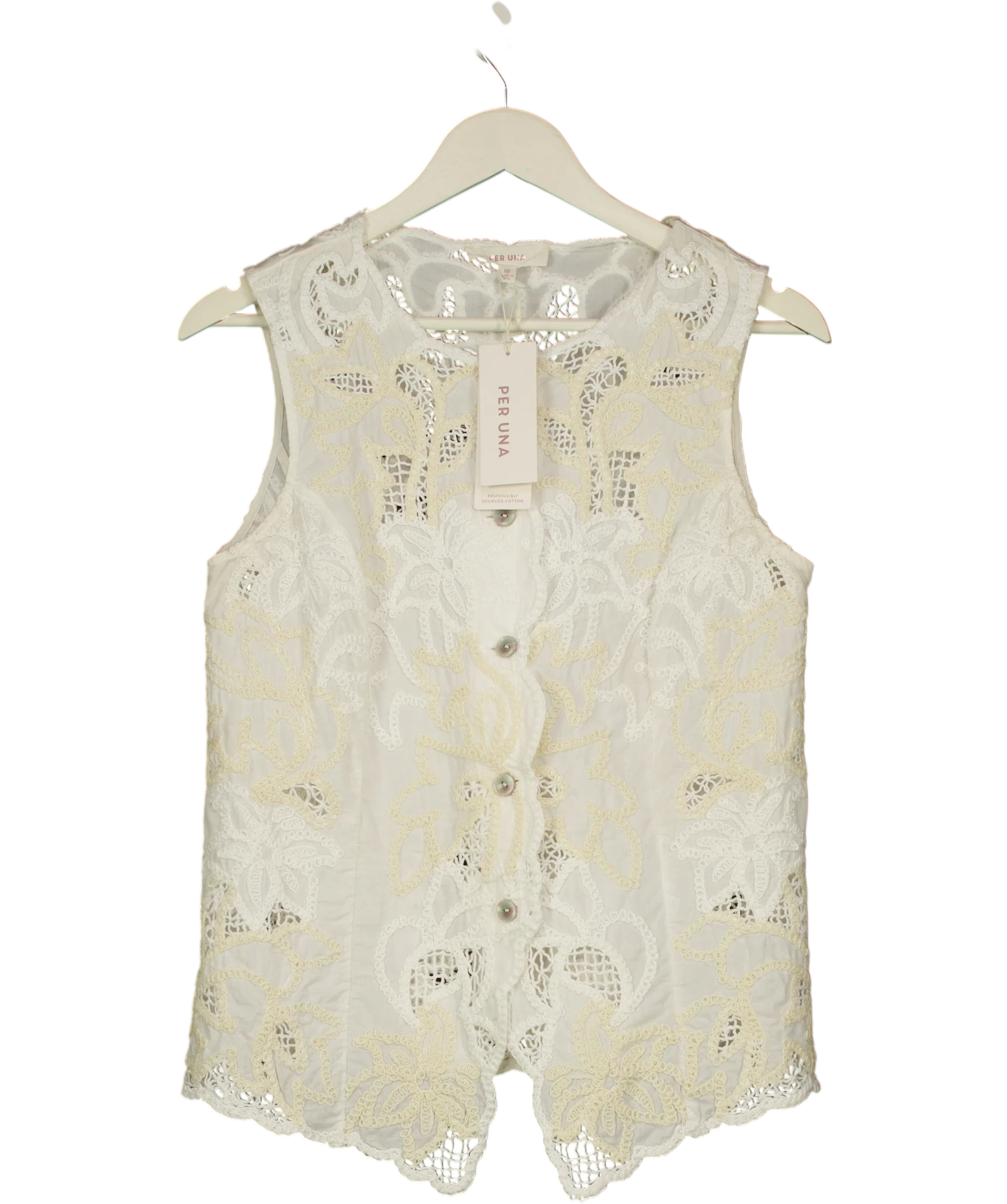 M&S Cream Per Una Pure Cotton Broderie Waistcoat Ecru Mix, size UK 10 — front