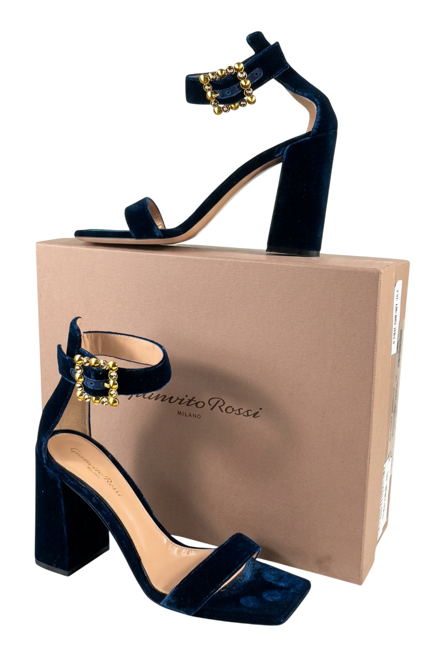 Gianvito Rossi Wondy Blue Velvet Embellished Buckle Block Heel Sandals UK 6