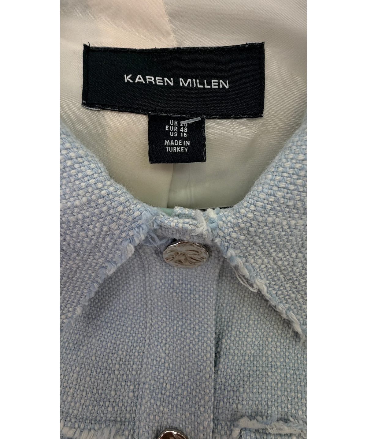 KAREN MILLEN Blue Plus Size Spring Tweed Tailored Jacket Pale Blue, size UK 20 — detail