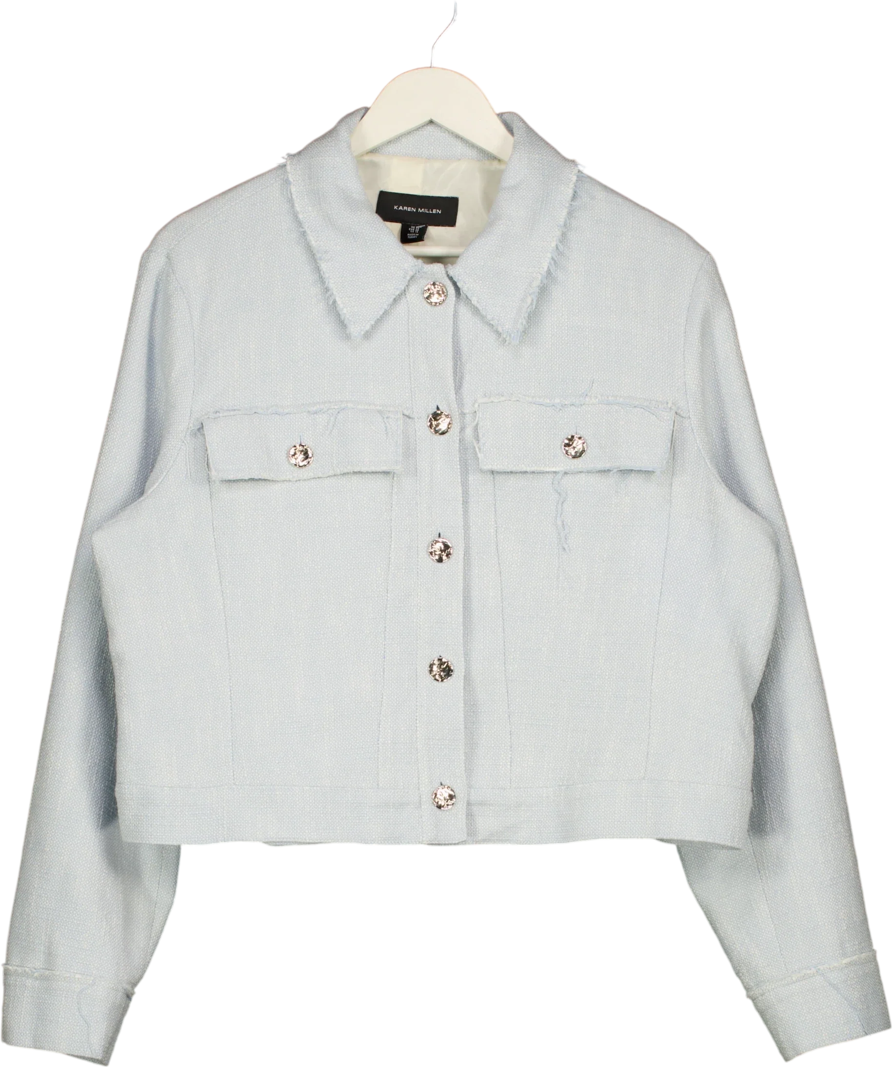 KAREN MILLEN Blue Plus Size Spring Tweed Tailored Jacket Pale Blue, size UK 20 — front