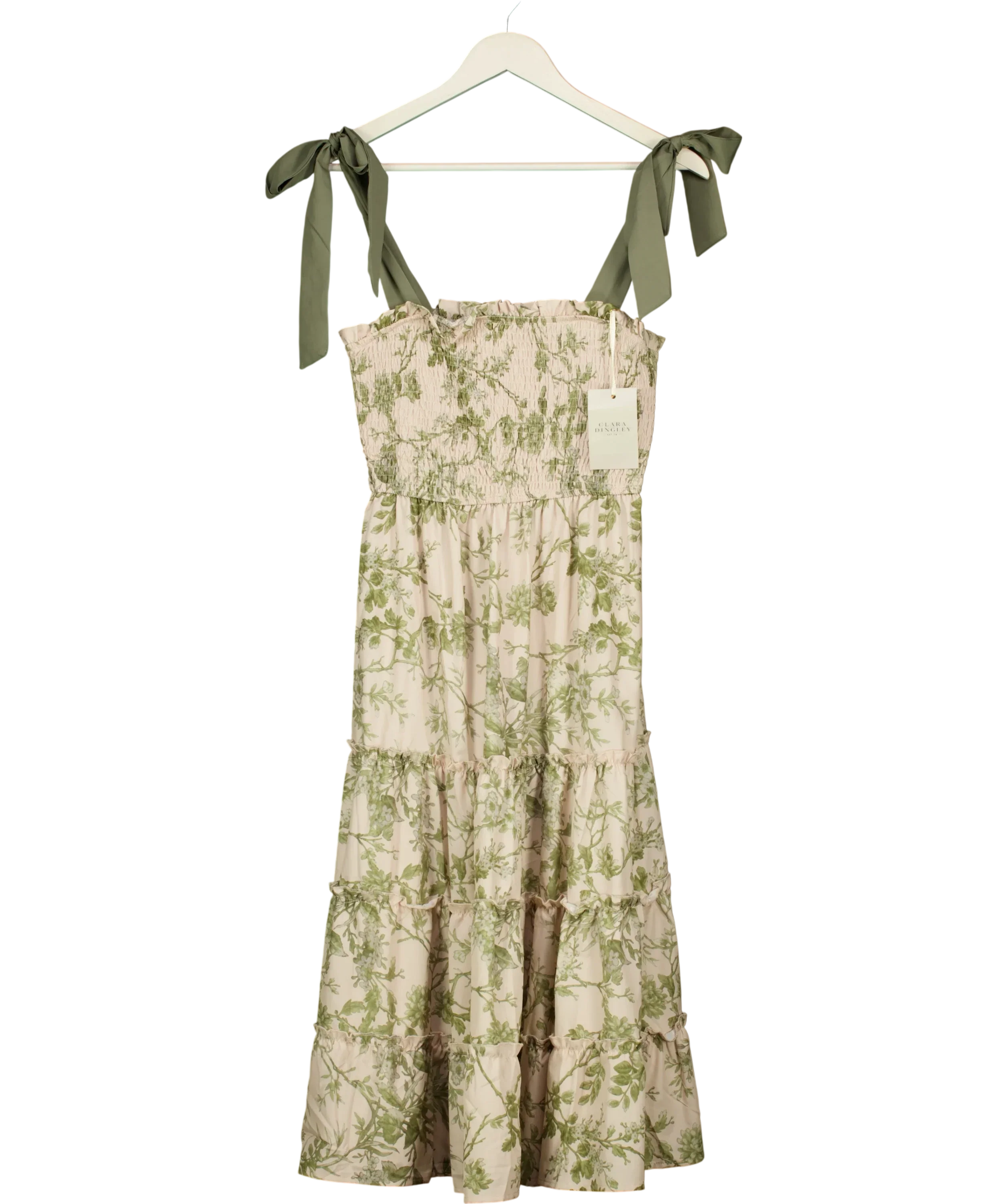 Clara Dingley Green Olive Green Floral Tube Top Dress with Bow Straps, size UK M — front