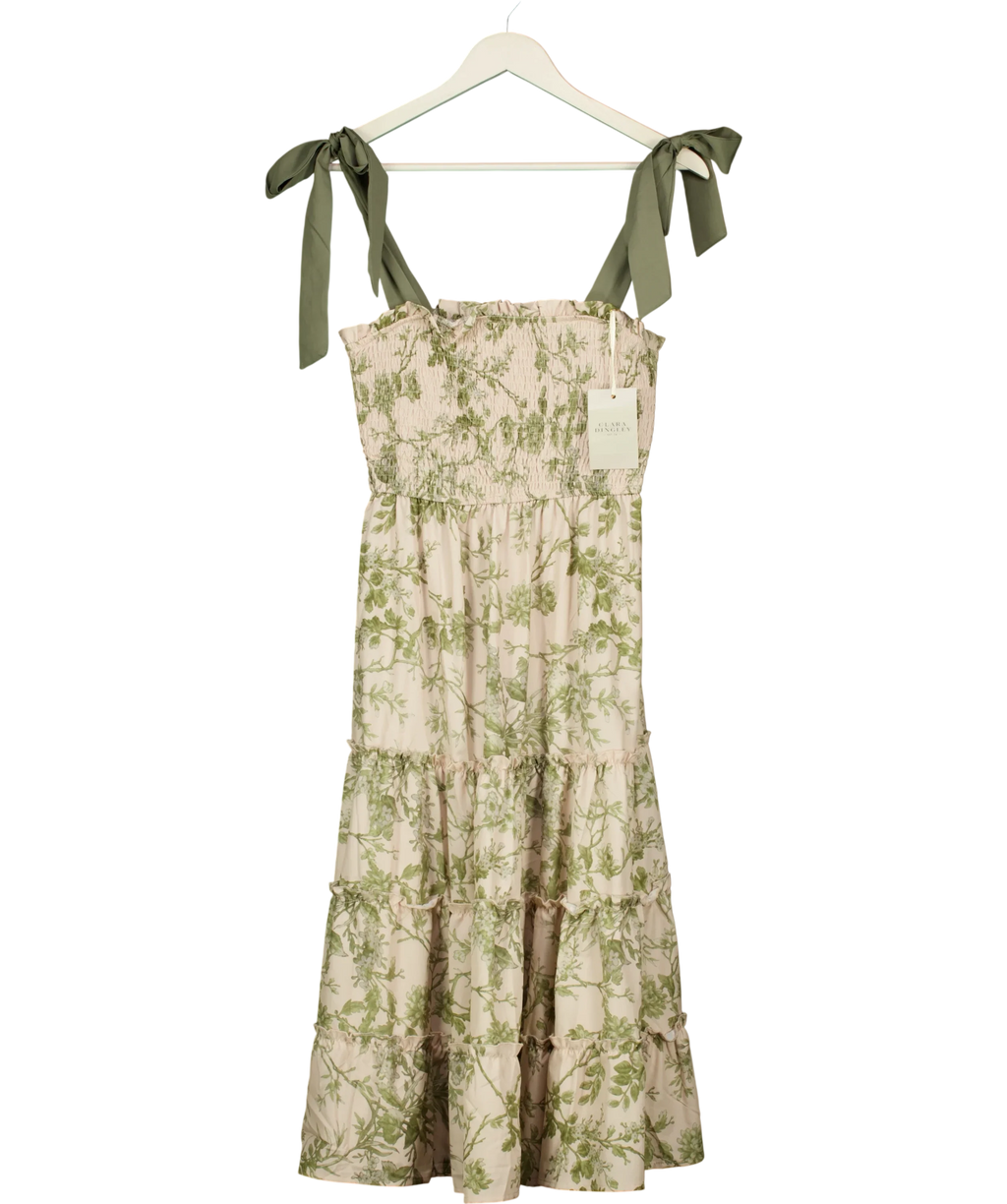 Clara Dingley Green Olive Green Floral Tube Top Dress with Bow Straps, size UK M — front