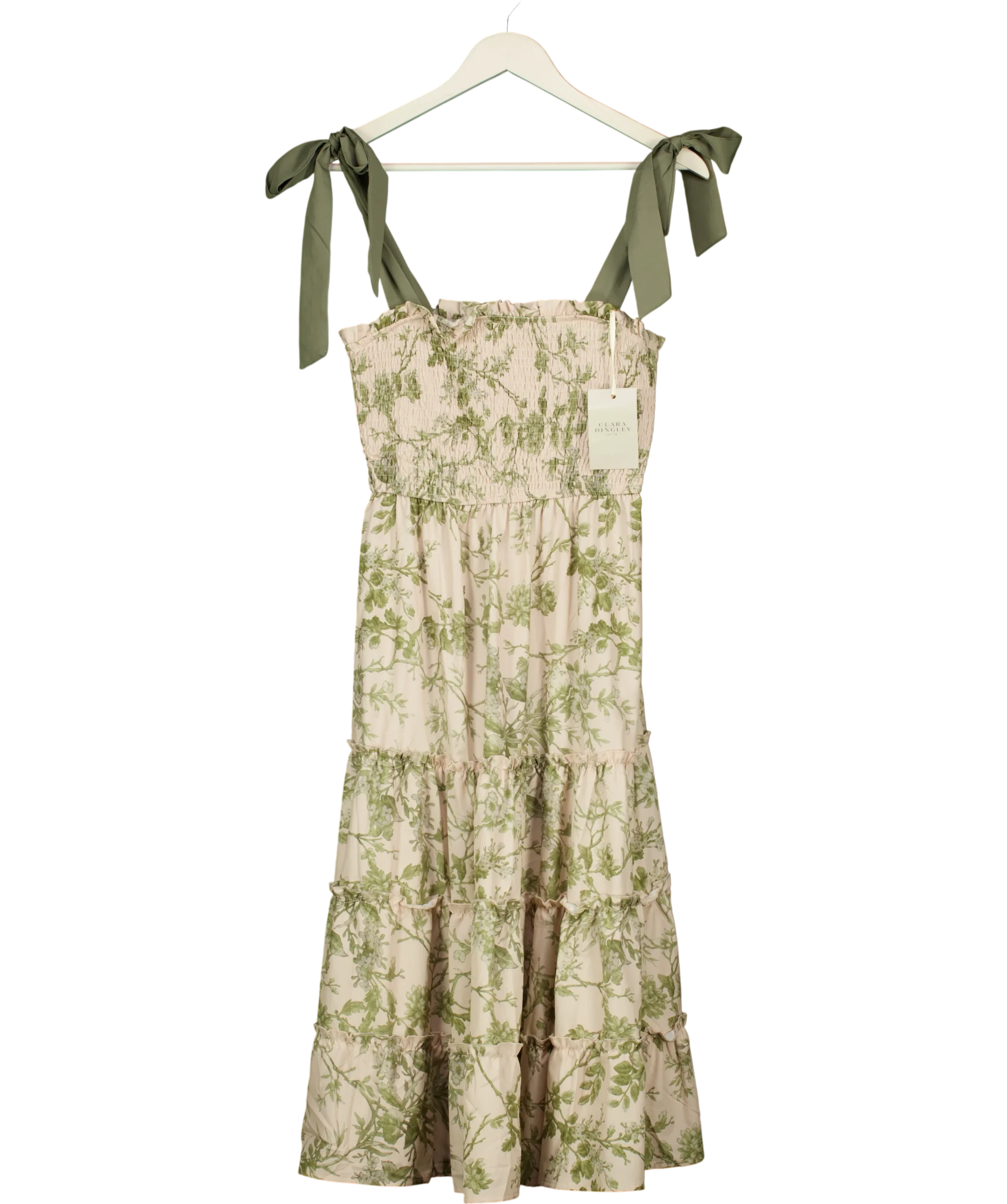 Clara Dingley Green Olive Green Floral Tube Top Dress with Bow Straps, size UK M — front
