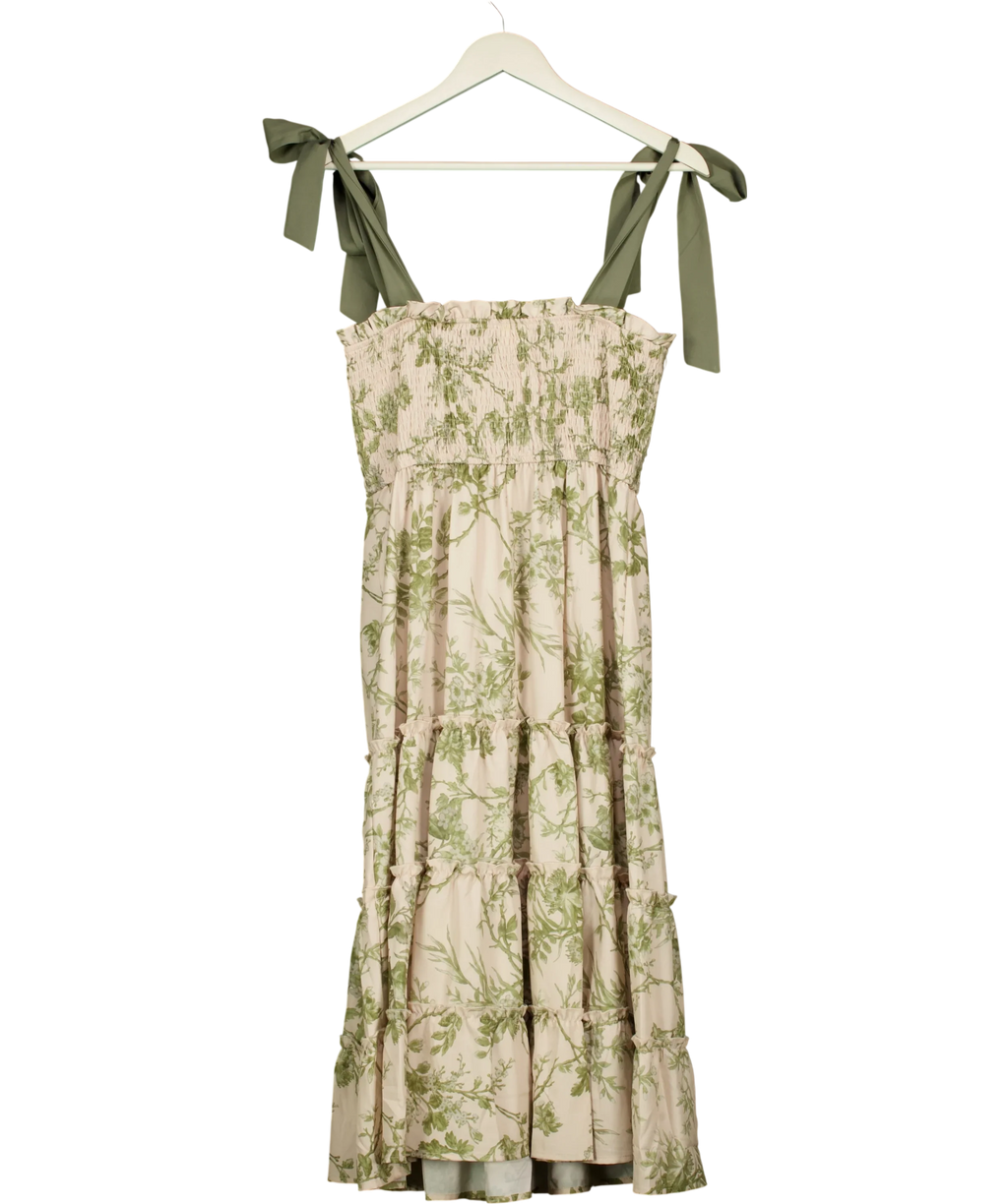 Clara Dingley Green Olive Green Floral Tube Top Dress with Bow Straps, size UK M — back