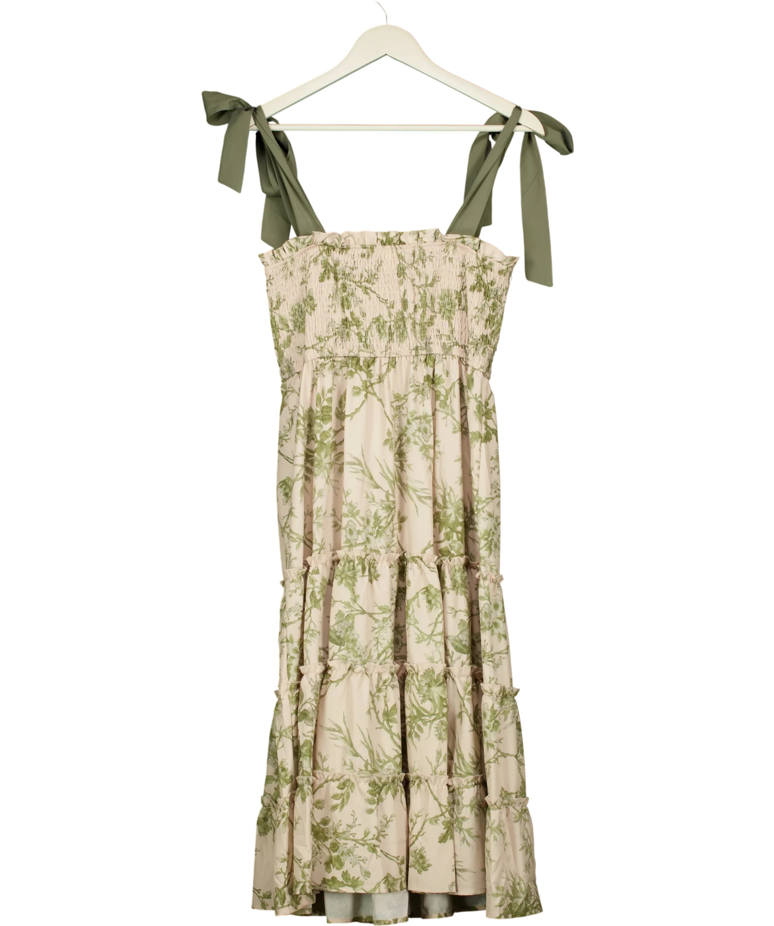 Clara Dingley Green Olive Green Floral Tube Top Dress with Bow Straps, size UK M — back