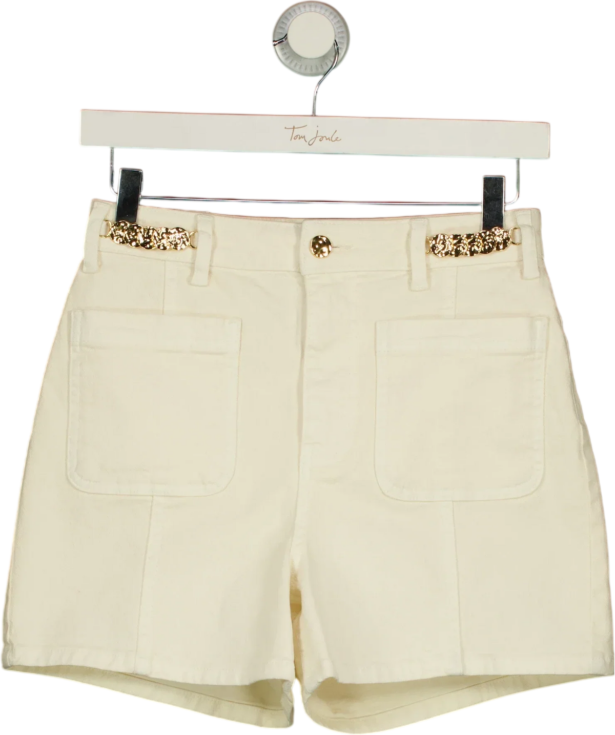 Mint Velvet Cream Denim Embellished Shorts, size UK 6 — front
