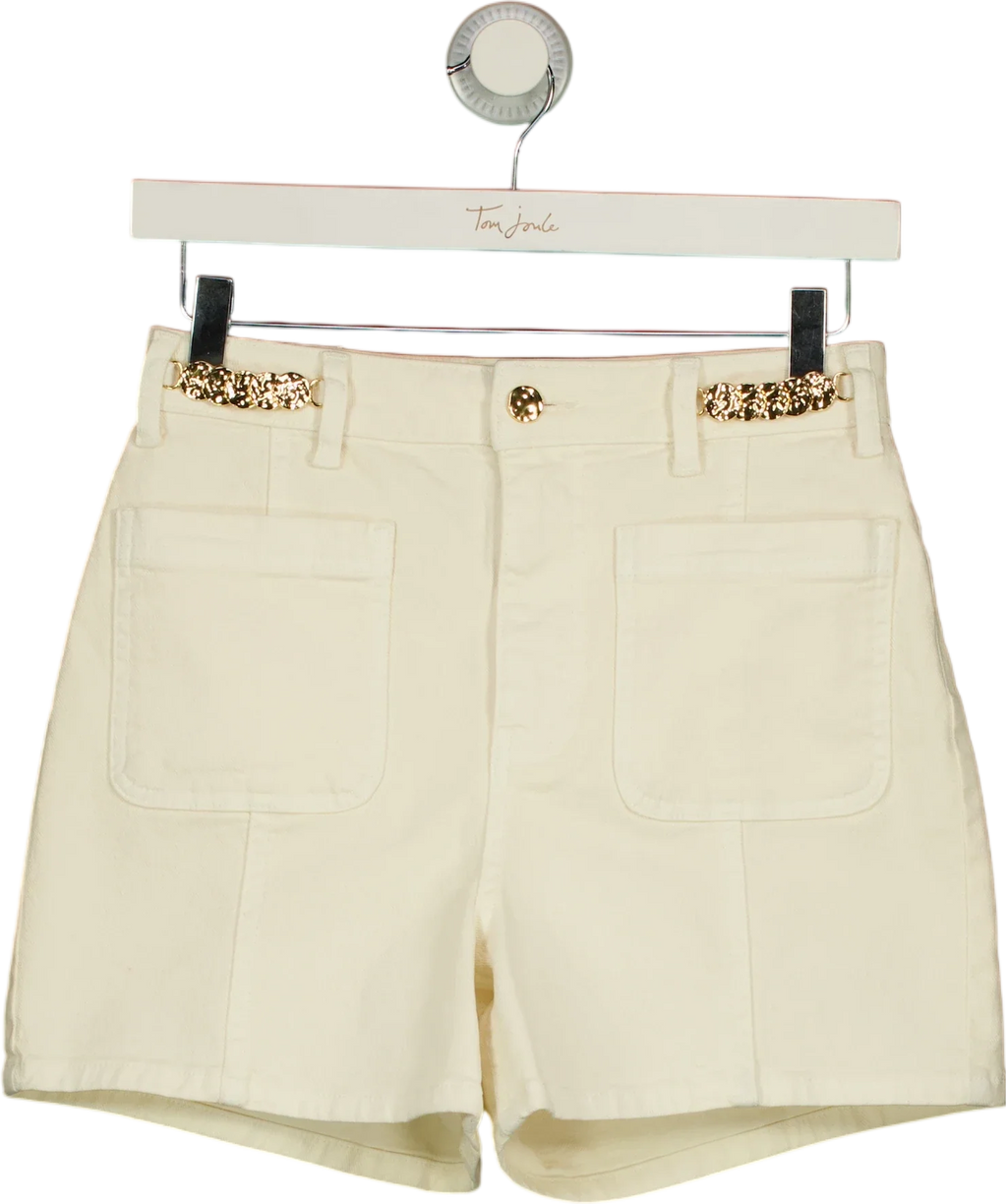 Mint Velvet Cream Denim Embellished Shorts, size UK 6 — front