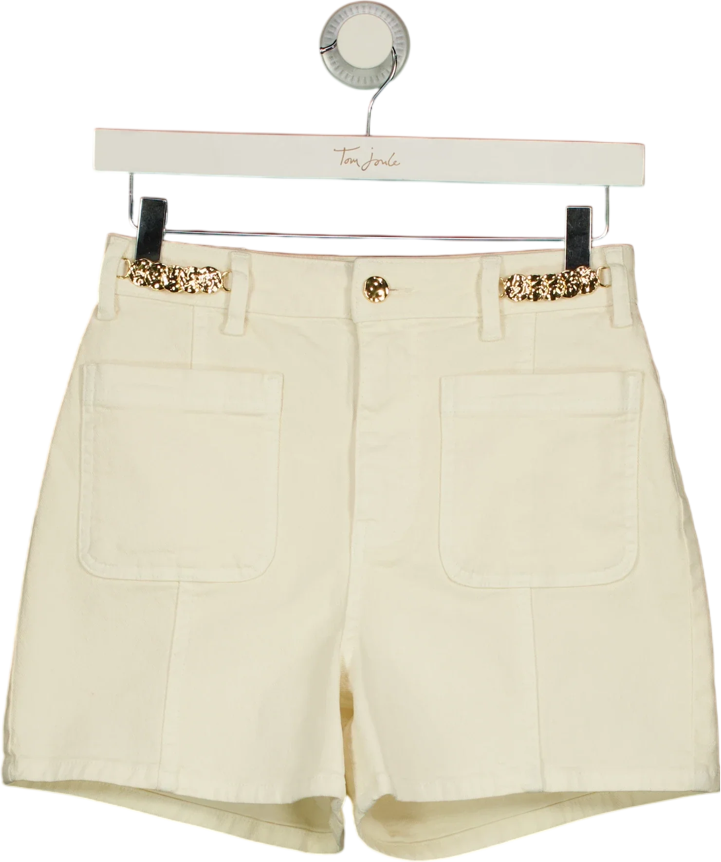 Mint Velvet Cream Denim Embellished Shorts, size UK 6 — front