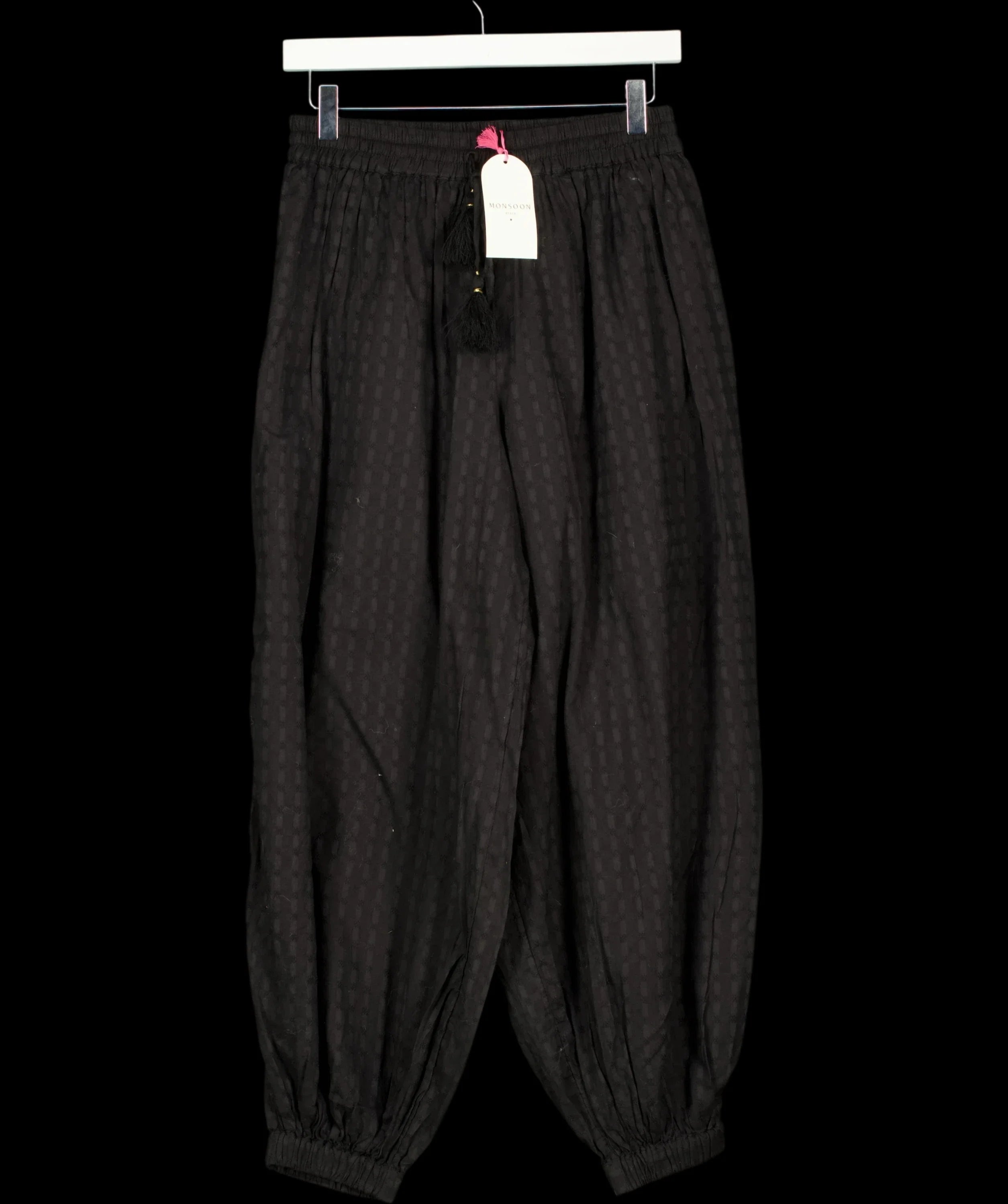 Monsoon Black Black Nora Textured Cotton Balloon Trousers, size UK S — detail