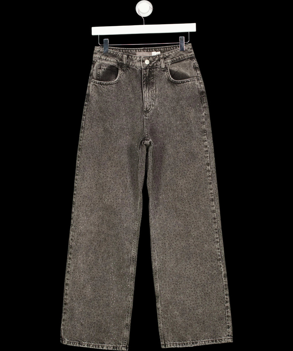 Mint Velvet Grey Textured Diamante Embellished Wide Leg Jeans Grey, size UK 8 — detail